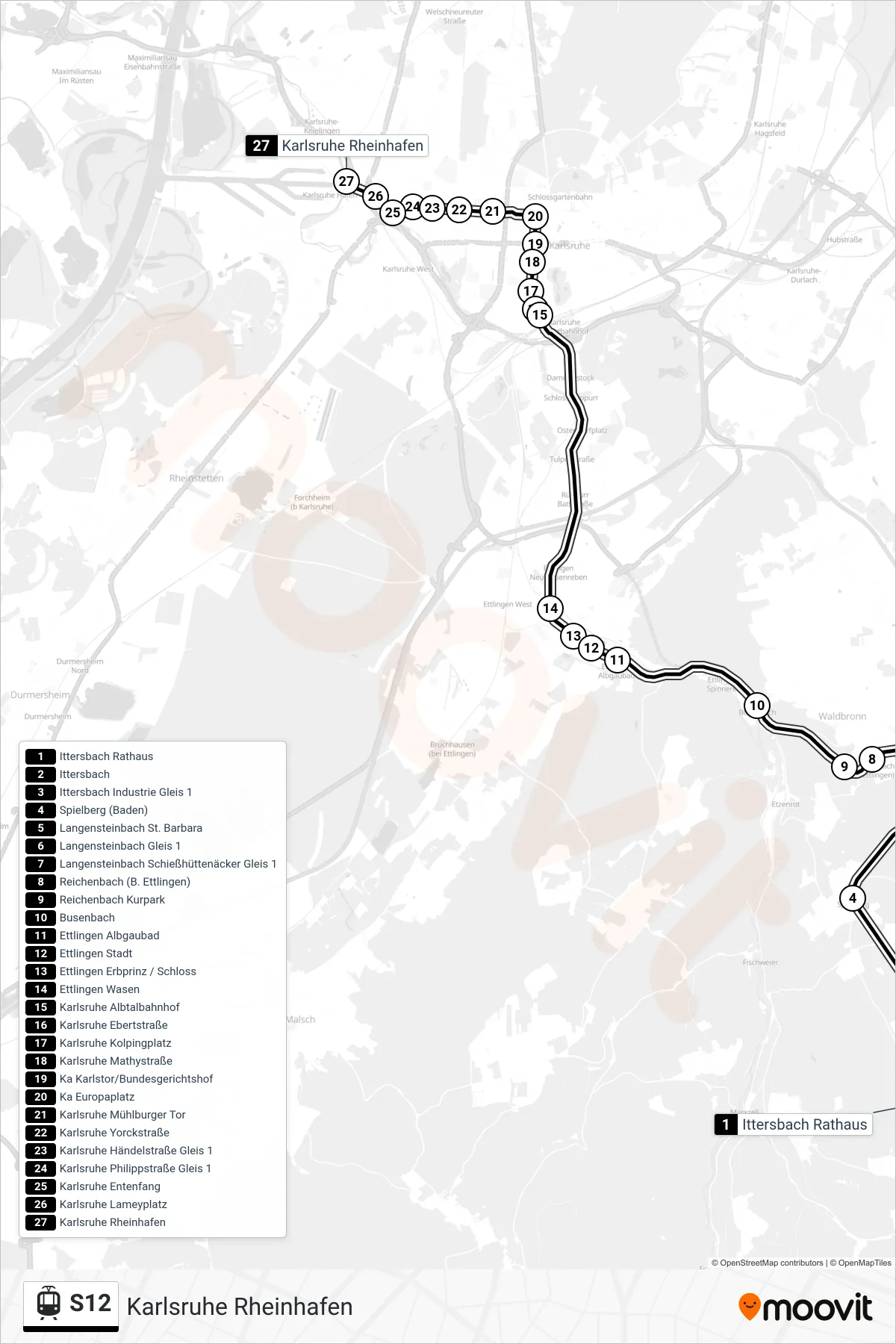 Linie S12 (Straßenbahn) Richtung Karlsruhe Rheinhafen: Route und Haltestellen auf der Karte