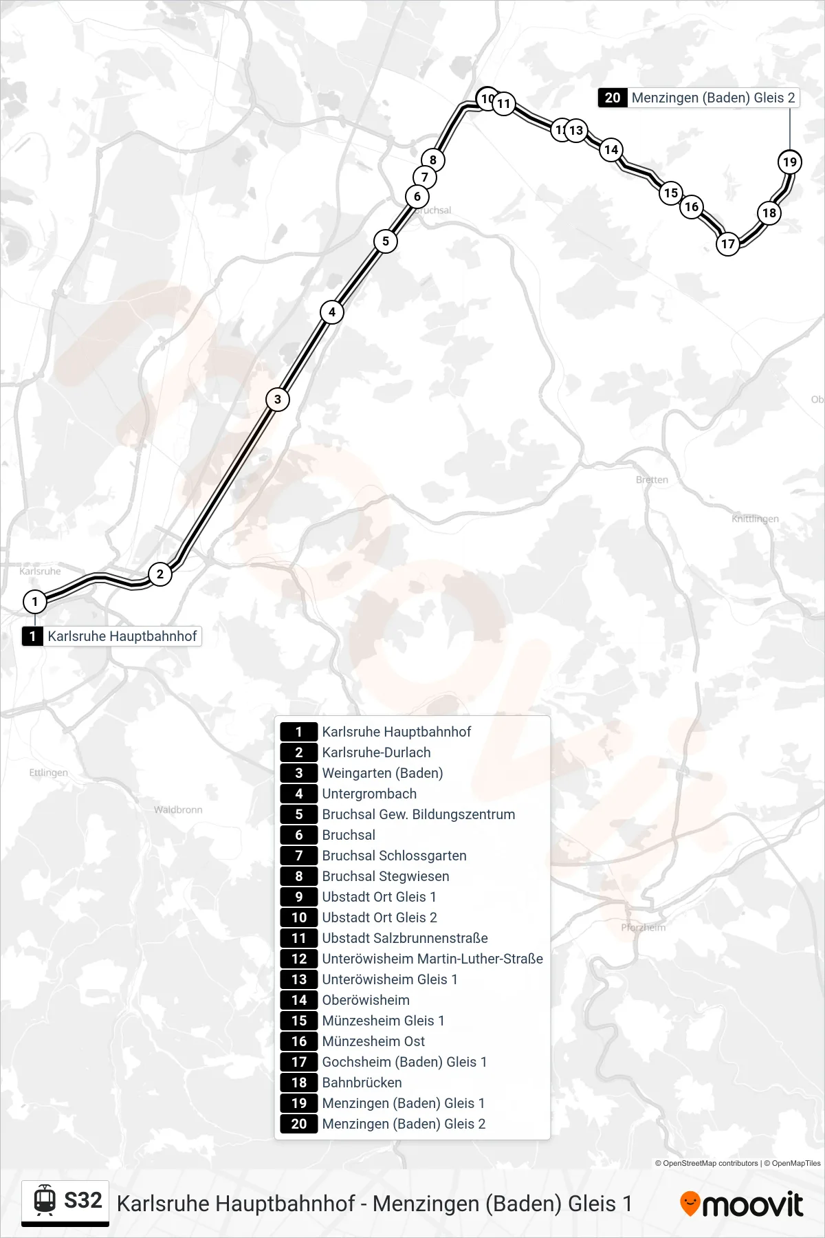 Linie S32 (Straßenbahn) Richtung Menzingen (Baden): Route und Haltestellen auf der Karte
