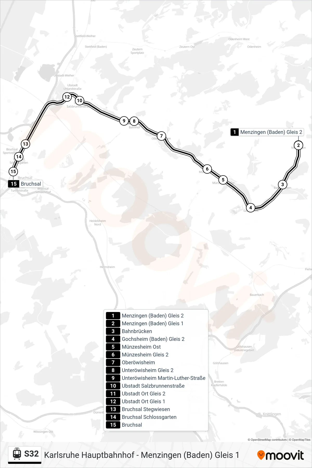 S32 light rail Line (Bruchsal) route and stops on a map