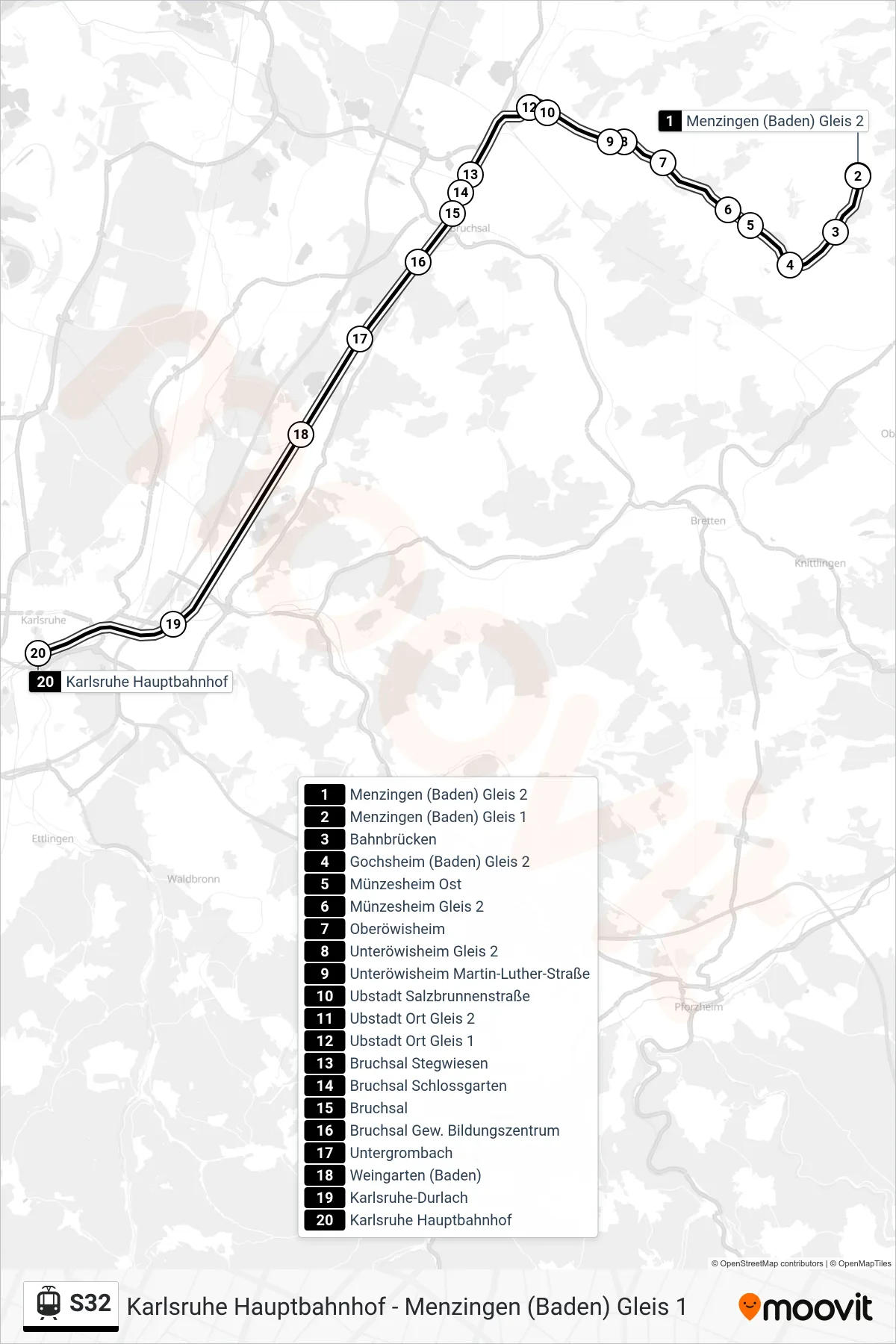 S32 tram Line (Karlsruhe Hauptbahnhof) route and stops on a map