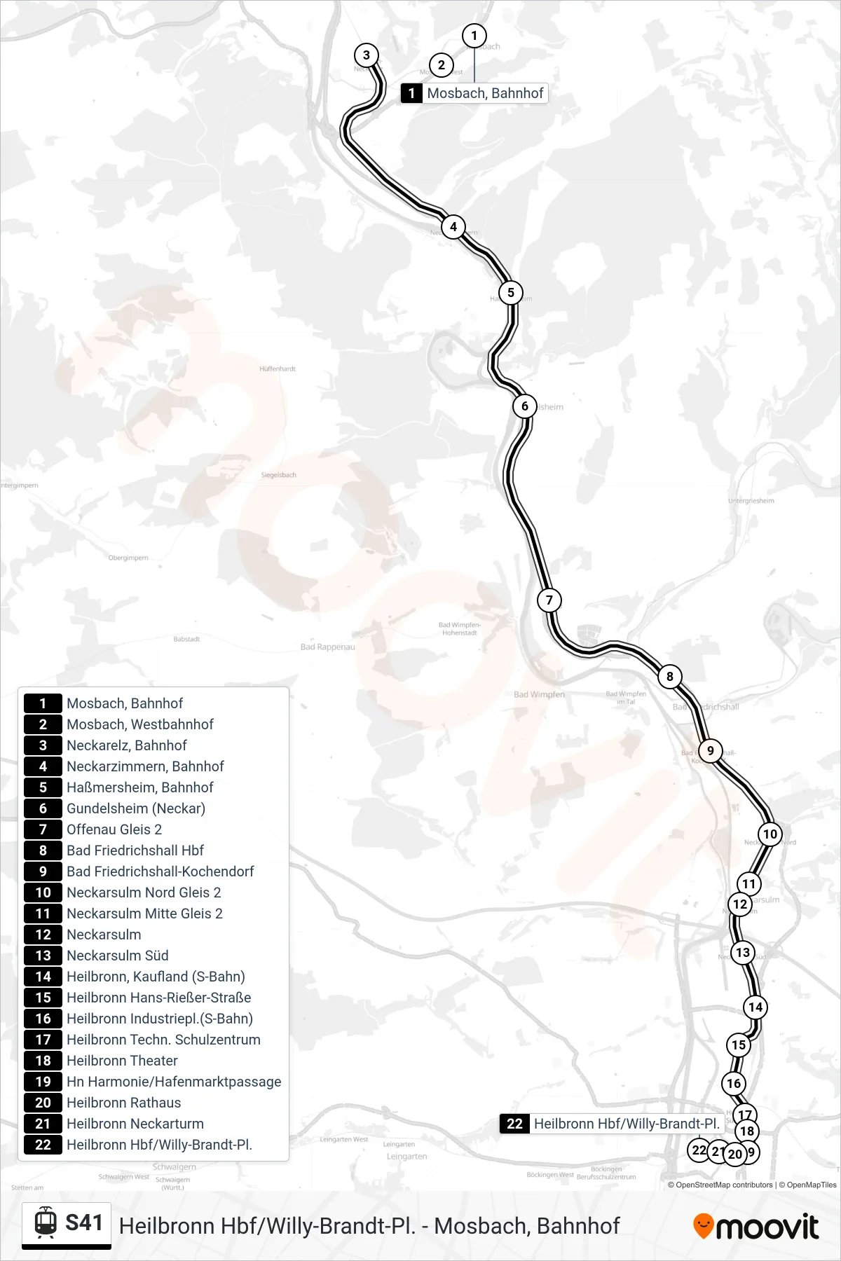 S41 light rail Line (Heilbronn Hbf/Willy-Brandt-Pl.) route and stops on a map