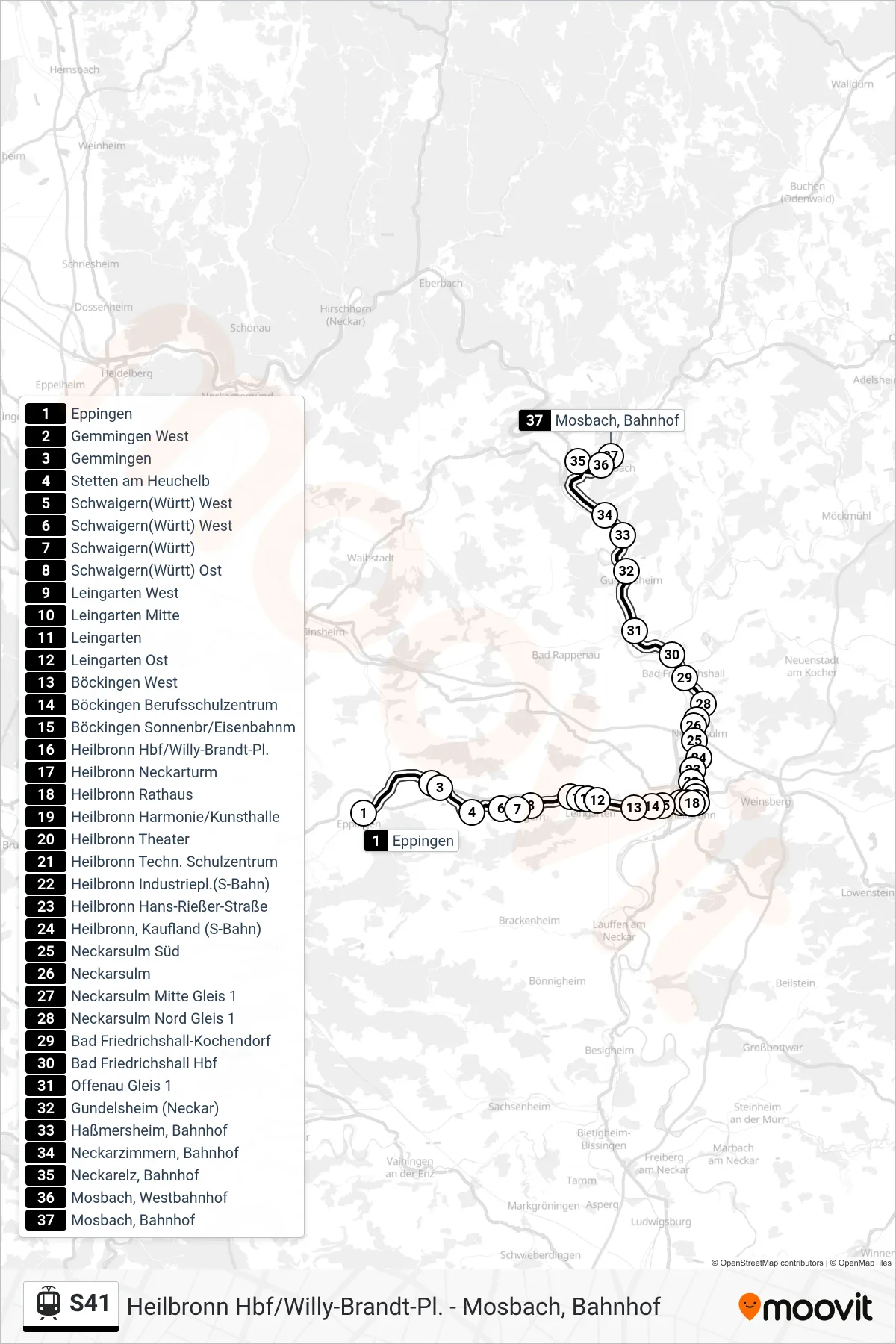 Linie S41 (Straßenbahn) Richtung Mosbach, Bahnhof: Route und Haltestellen auf der Karte