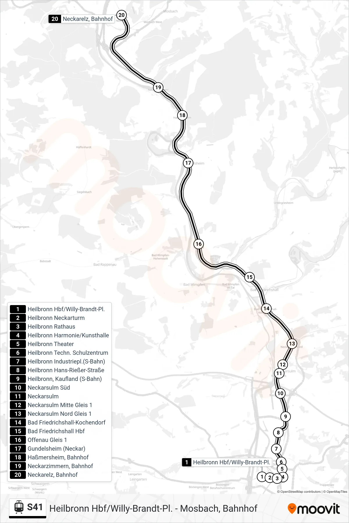 S41 light rail Line (Neckarelz, Bahnhof) route and stops on a map