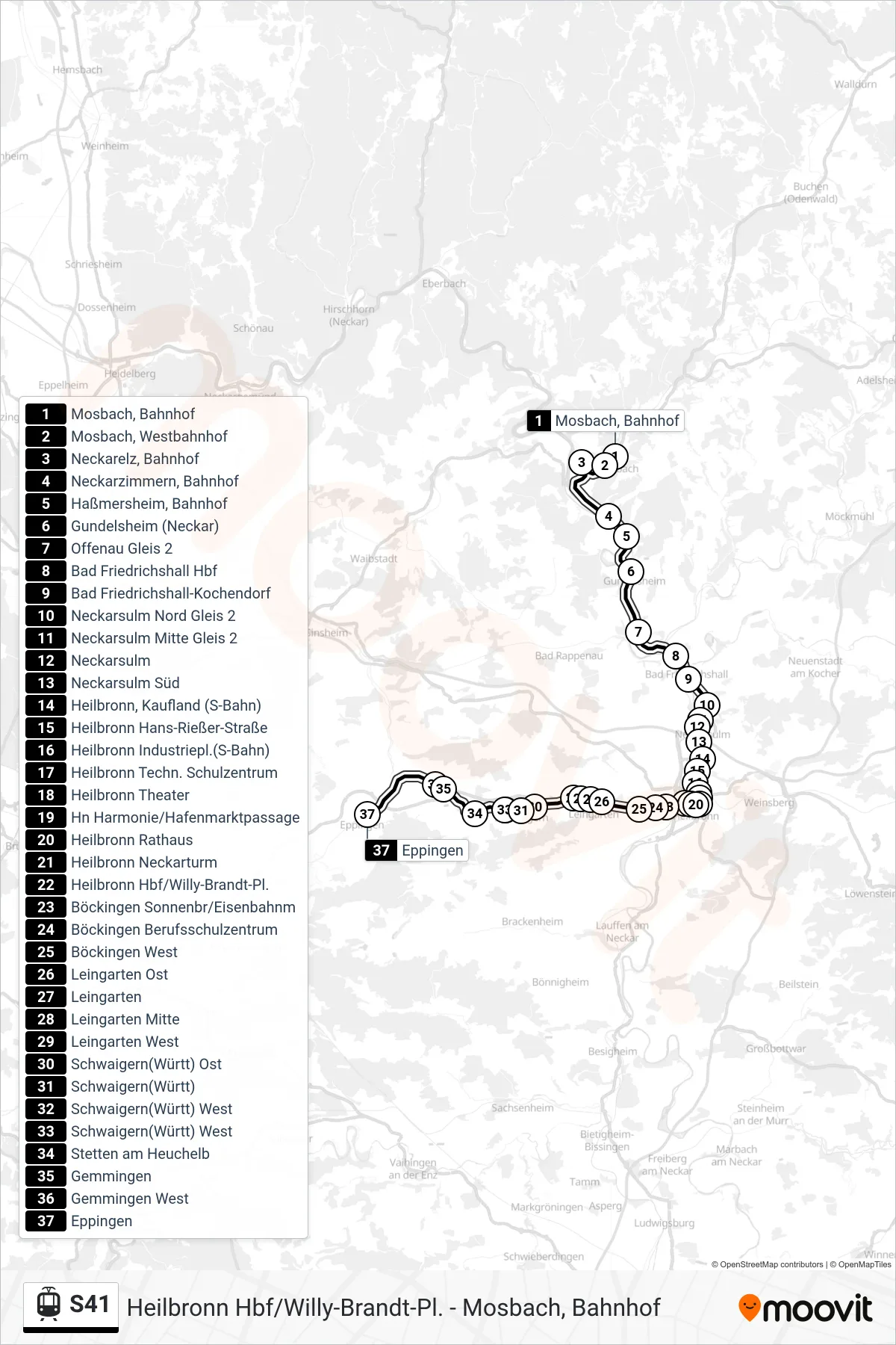 S41 tram Line (Eppingen) route and stops on a map