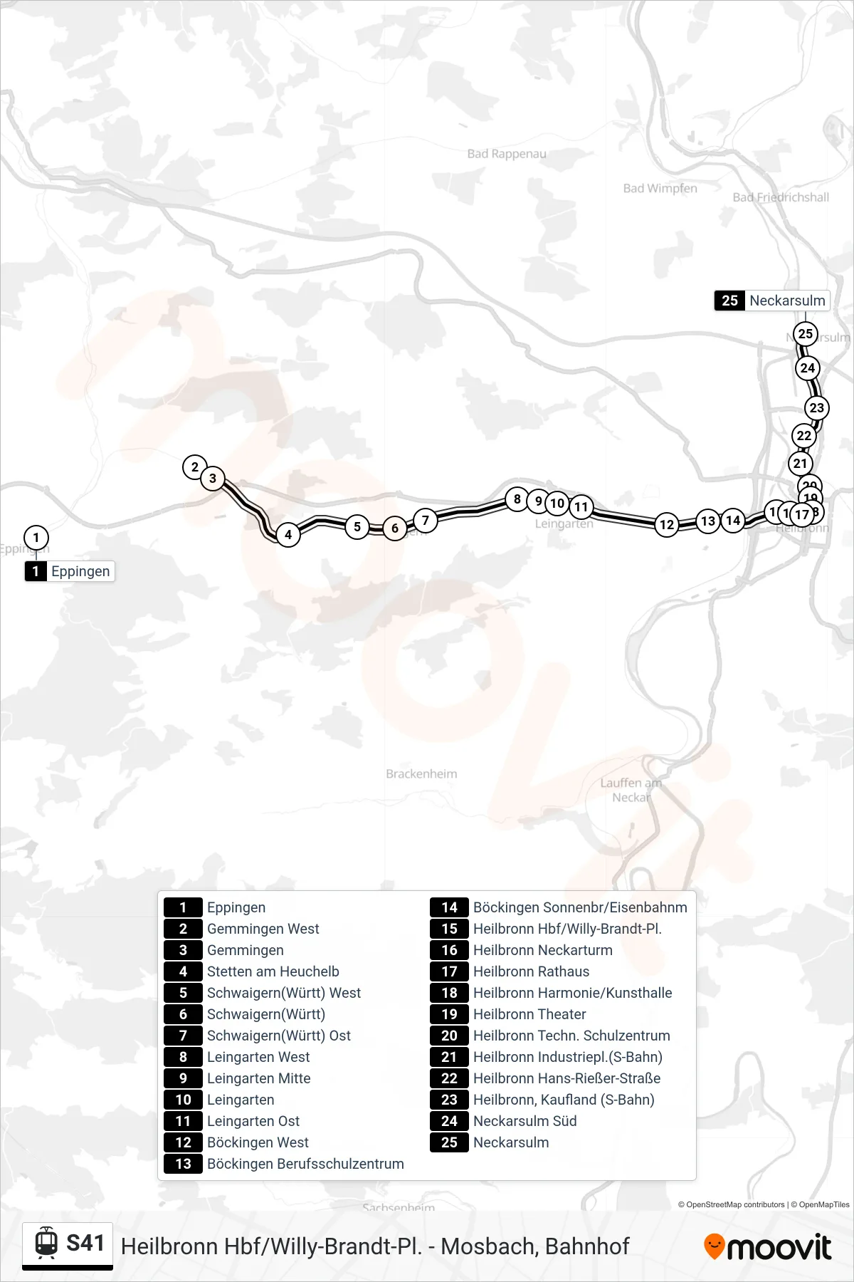 S41 light rail Line (Neckarsulm) route and stops on a map