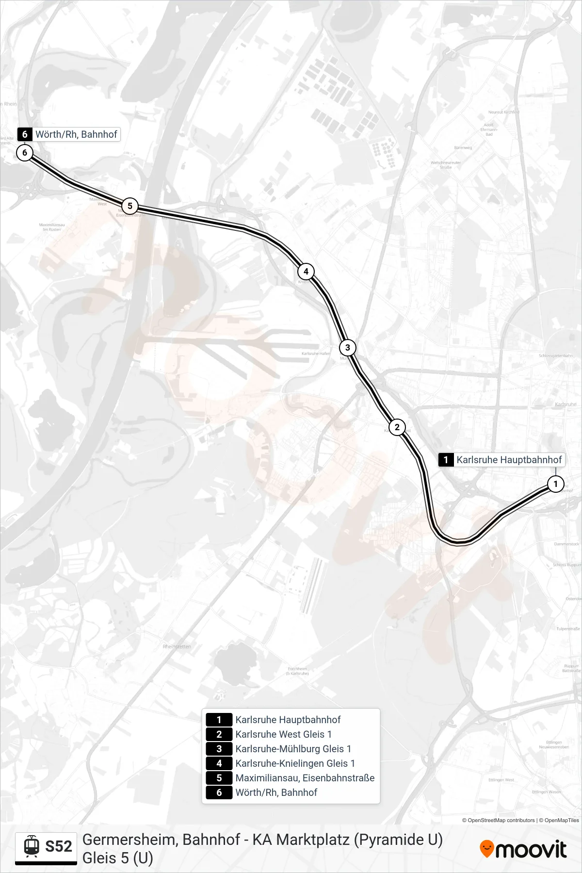 Linie S52 (Straßenbahn) Richtung Wörth/Rh, Bahnhof: Route und Haltestellen auf der Karte