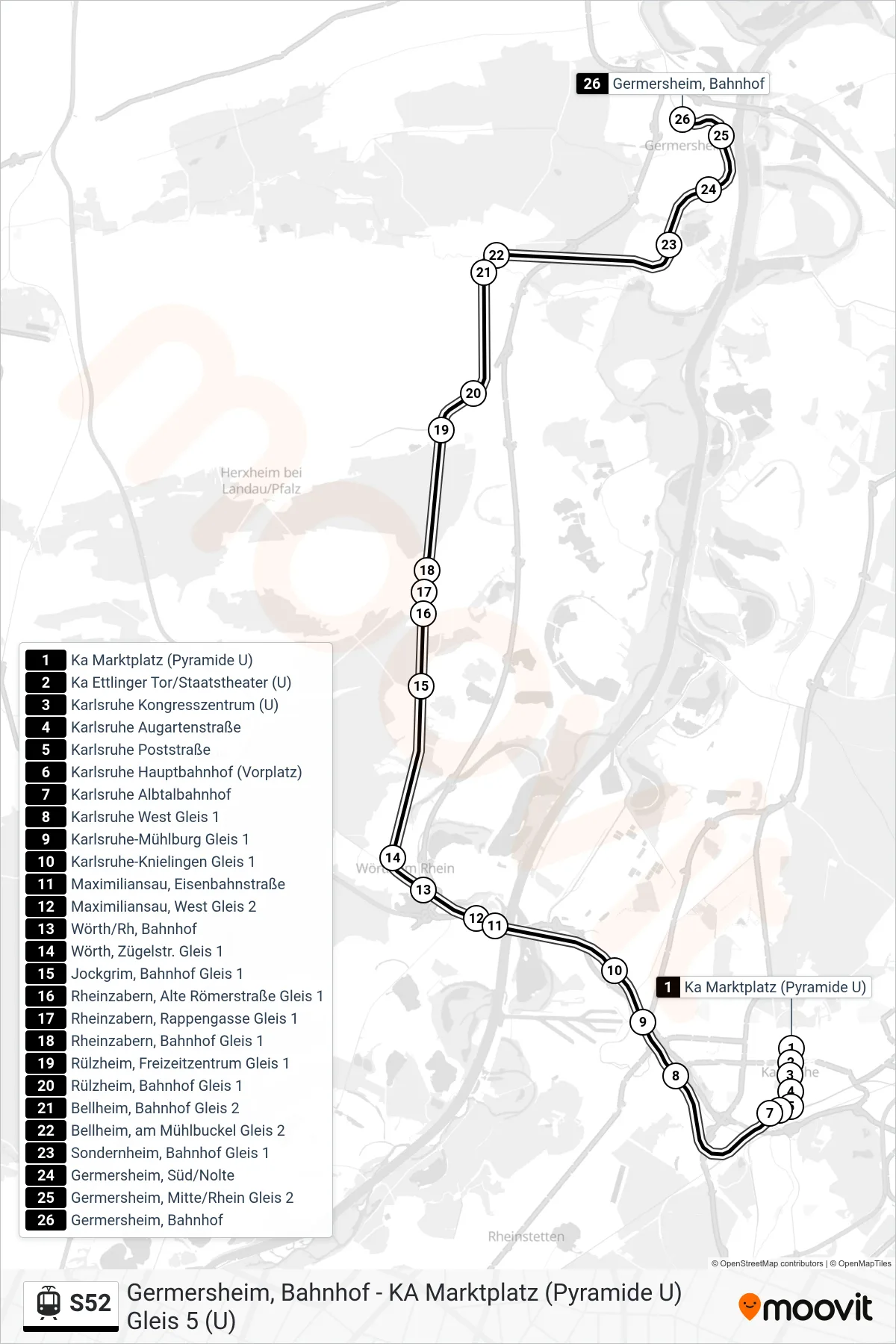 S52 light rail Line (Germersheim, Bahnhof) route and stops on a map