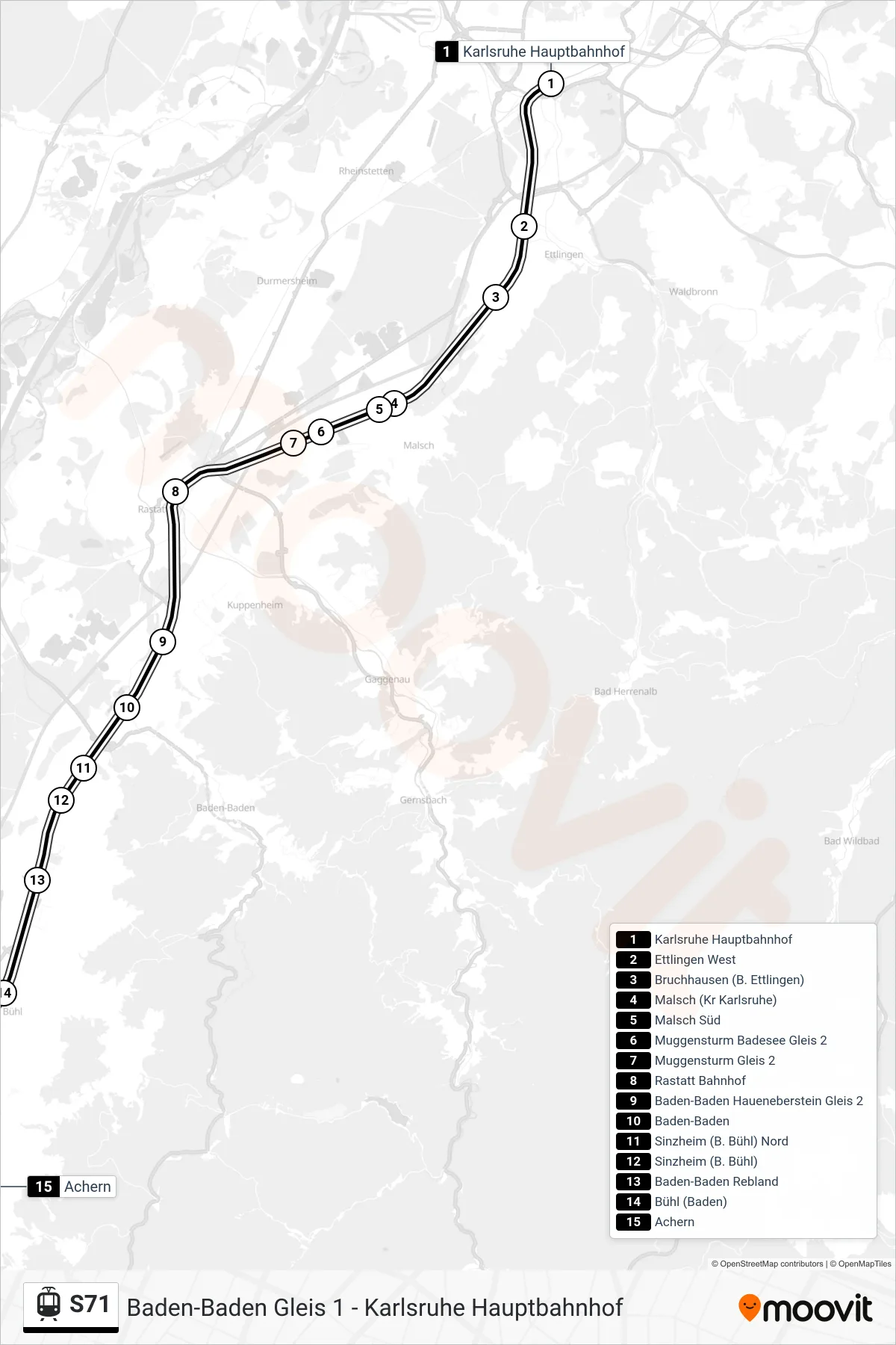 S71 light rail Line (Achern) route and stops on a map