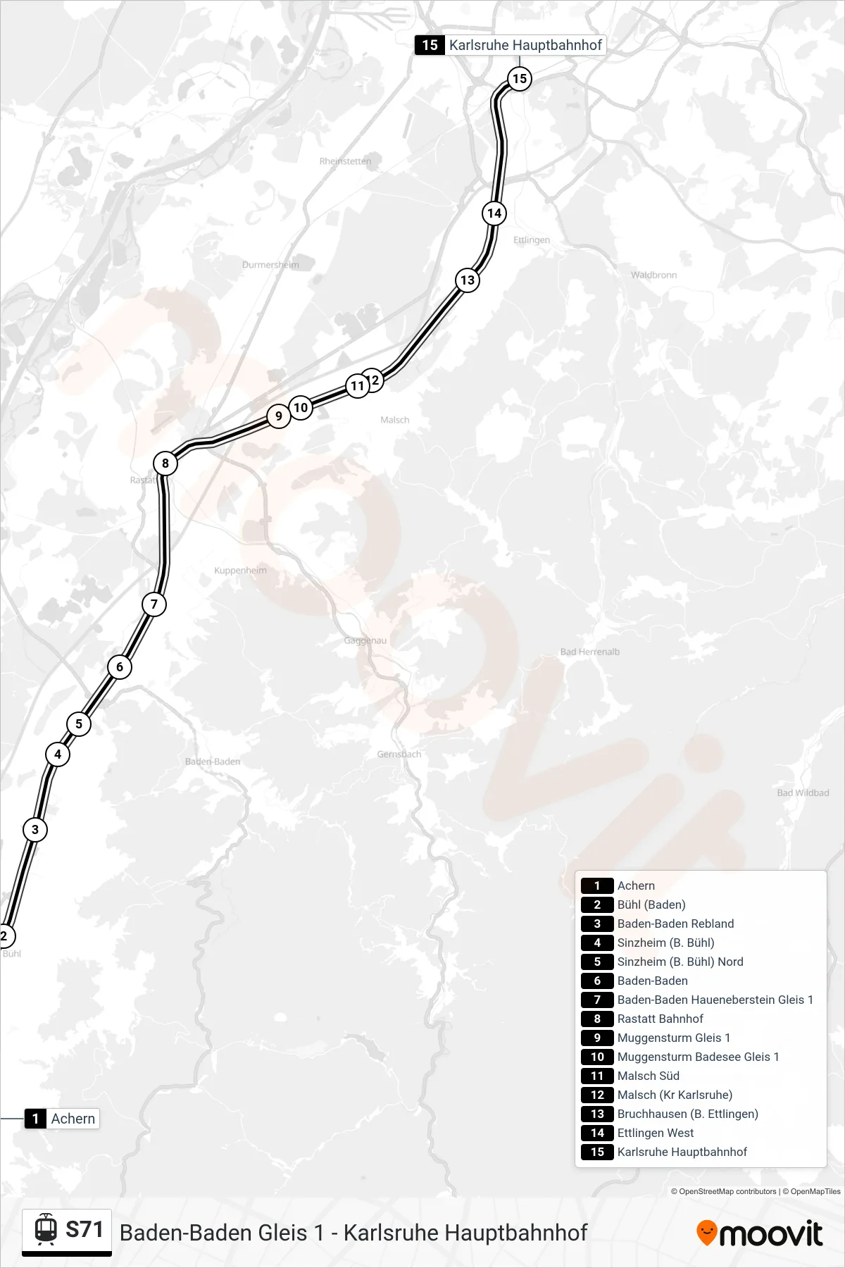 Linie S71 (Tram) Richtung Karlsruhe Hauptbahnhof: Route und Haltestellen auf der Karte