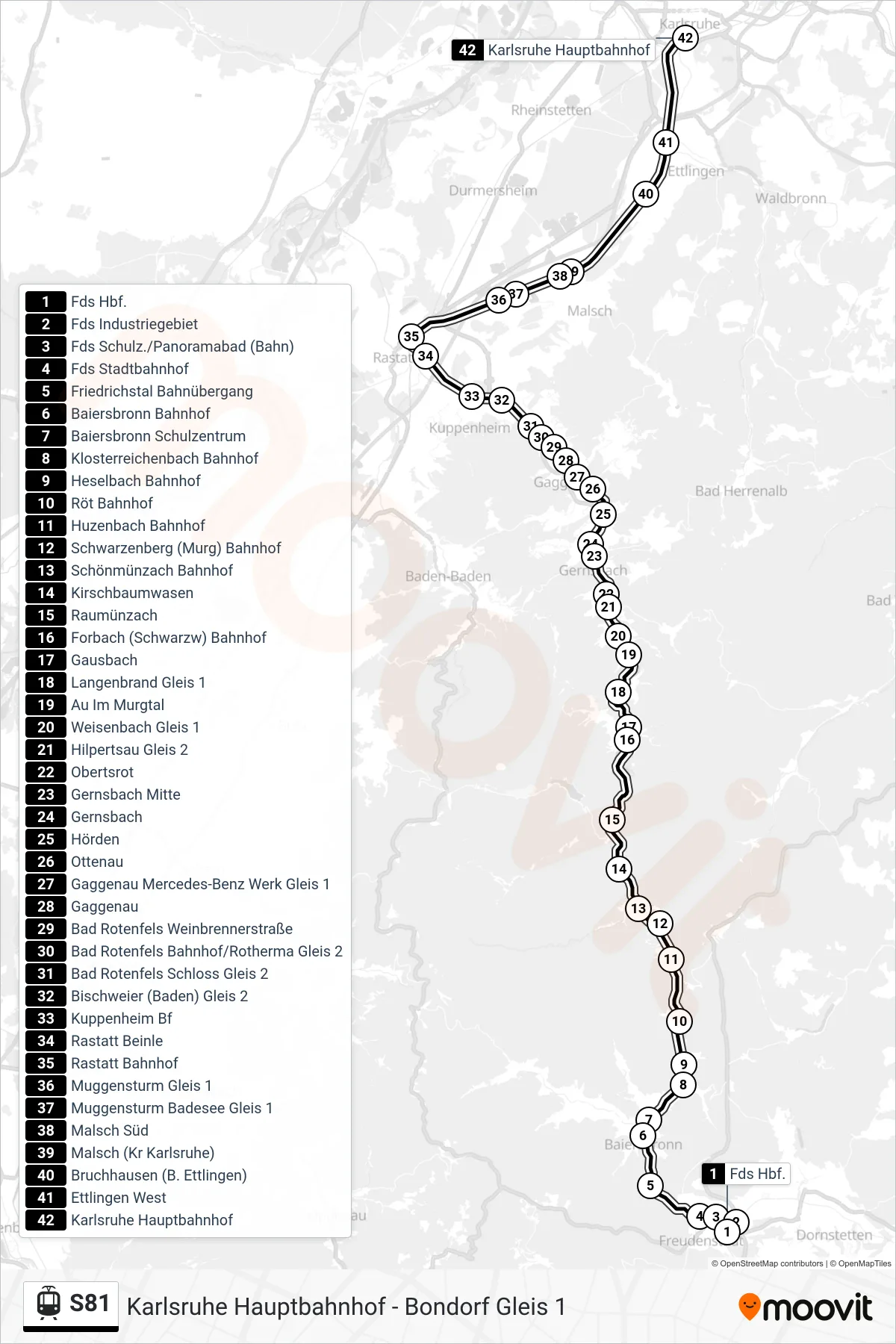 S81 light rail Line (Karlsruhe Hauptbahnhof) route and stops on a map