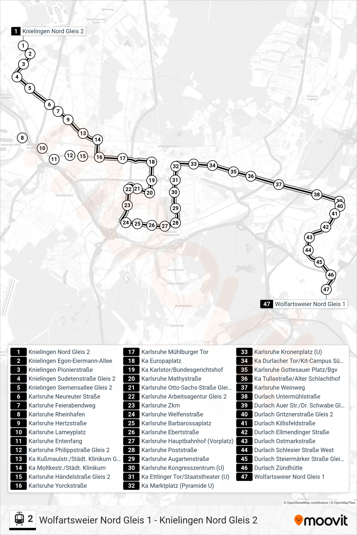 2 tram Line (Wolfartsweier Nord) route and stops on a map