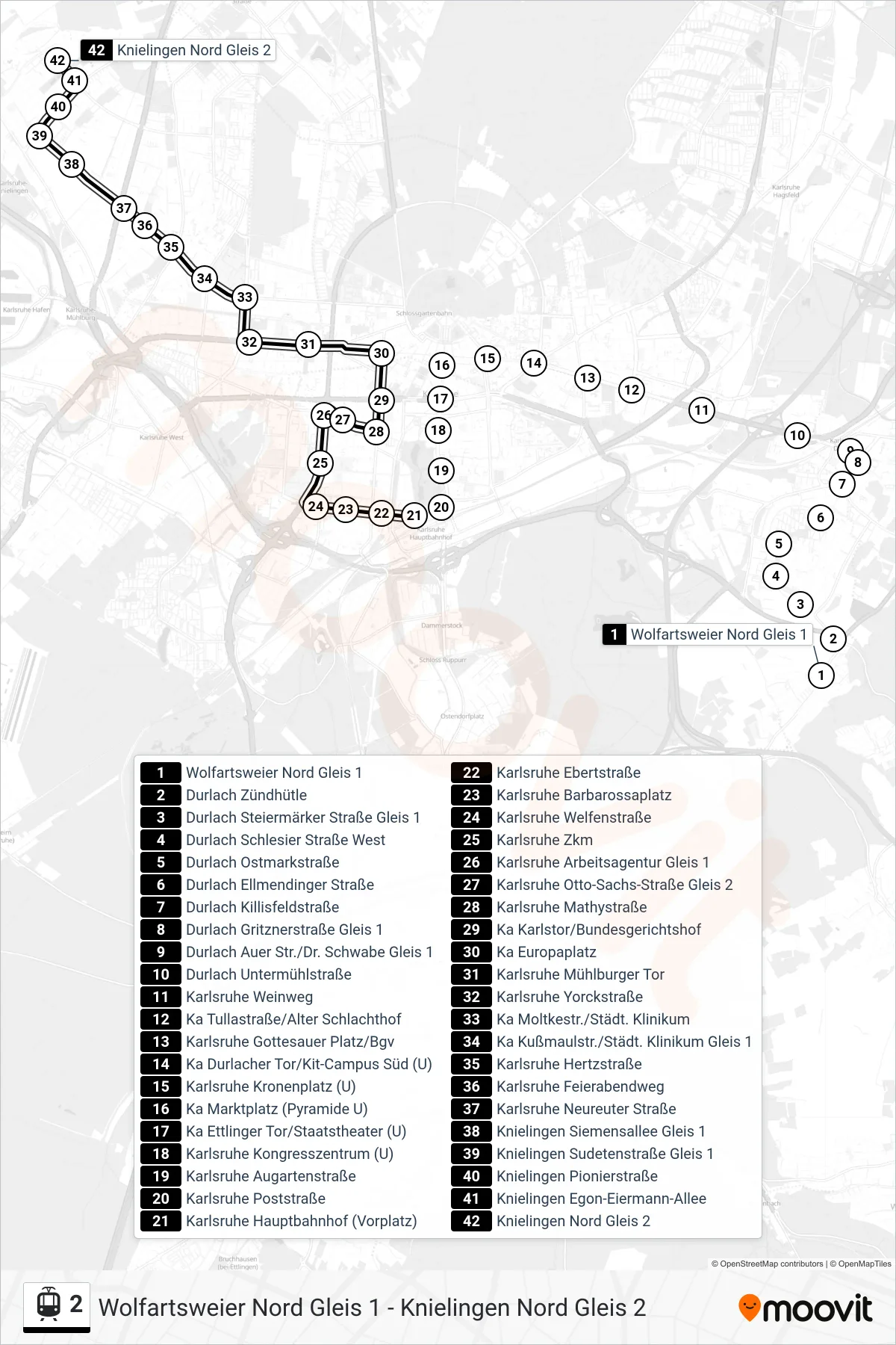 Linie 2 (Straßenbahn) Richtung Knielingen Nord: Route und Haltestellen auf der Karte