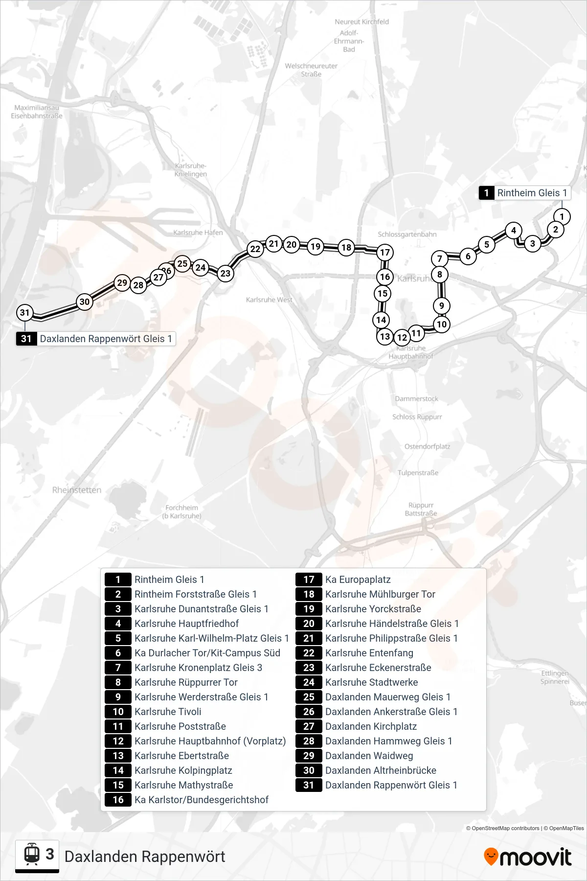 3 light rail Line (Daxlanden Rappenwört) route and stops on a map