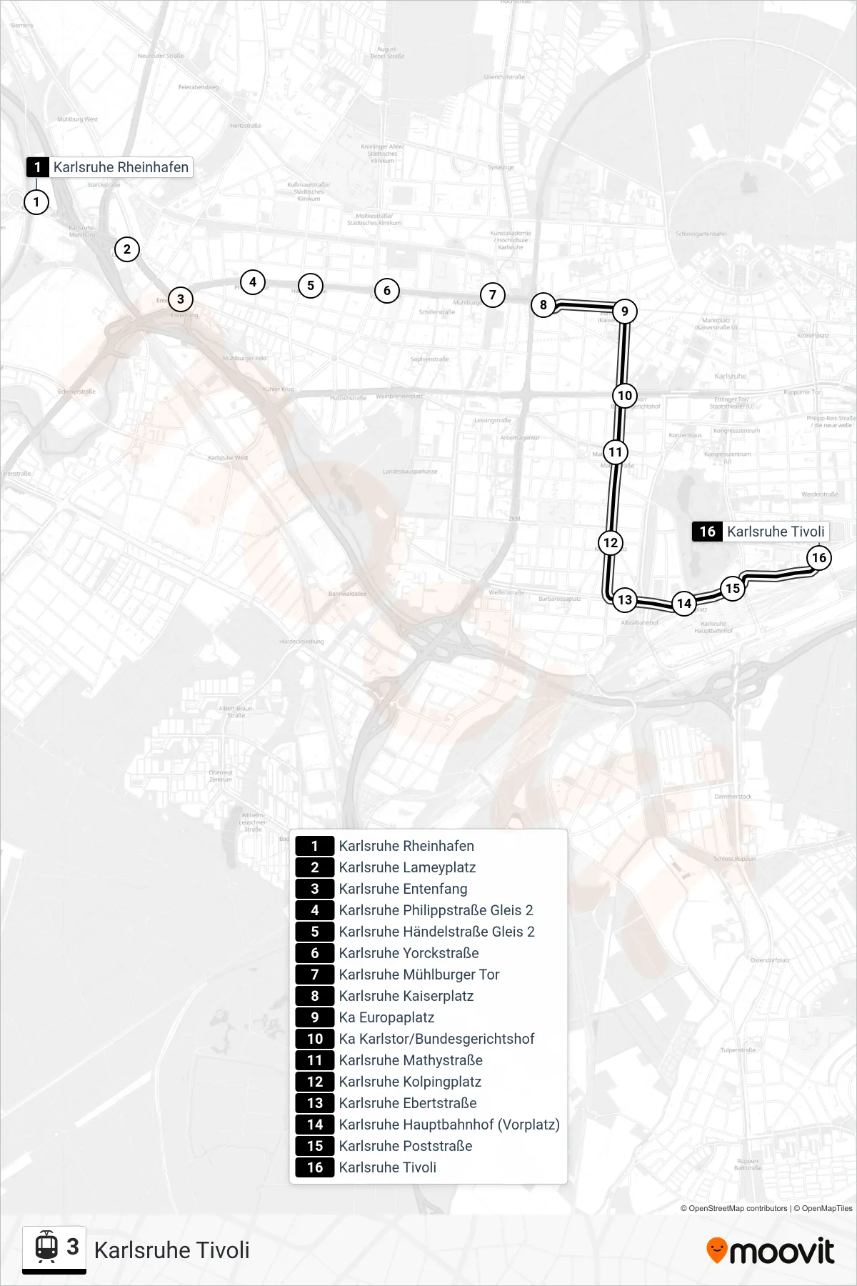3 light rail Line (Karlsruhe Tivoli) route and stops on a map
