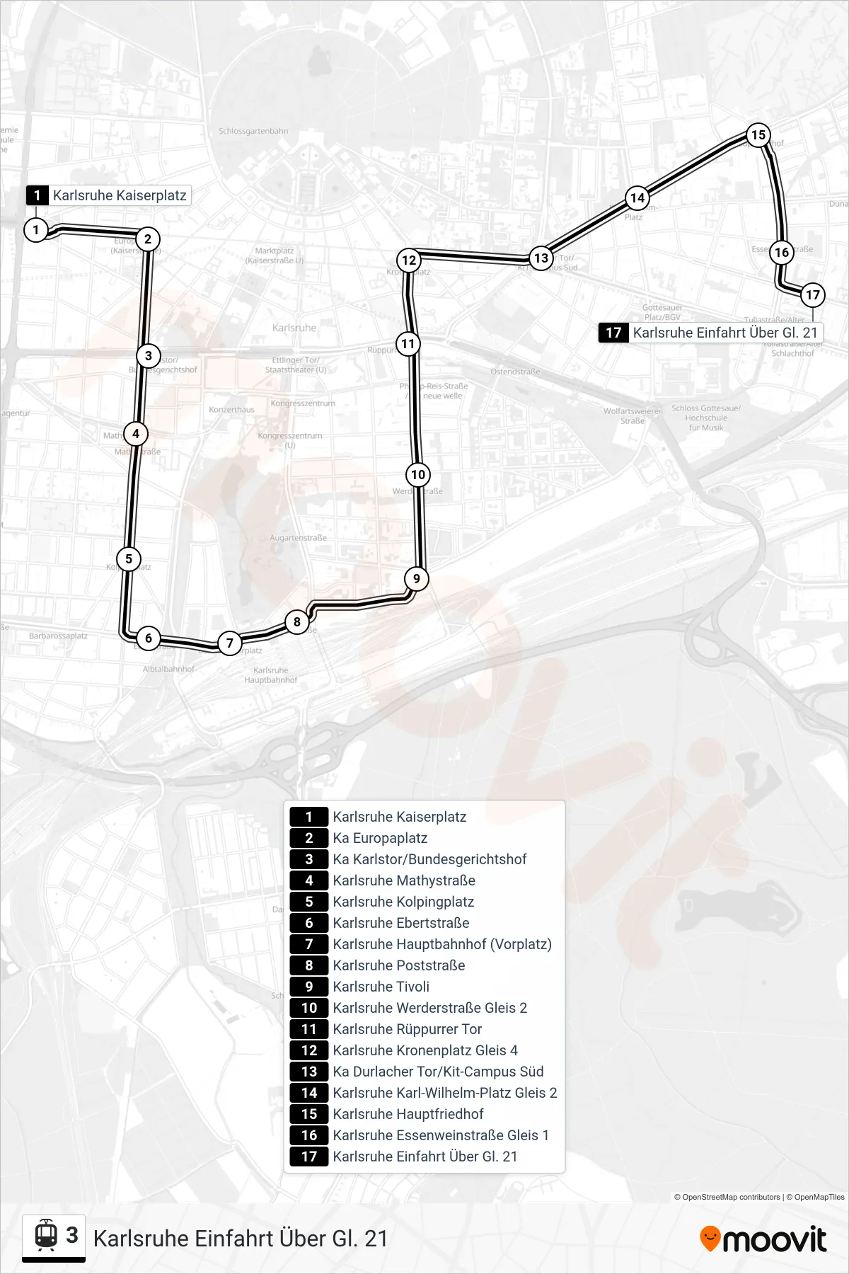 Linie 3 (Straßenbahn) Richtung Karlsruhe Einfahrt Über Gl. 21: Route und Haltestellen auf der Karte