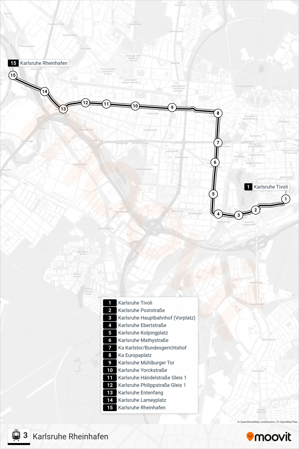 3 light rail Line (Karlsruhe Rheinhafen) route and stops on a map