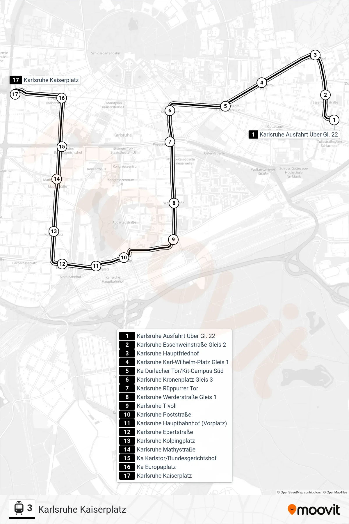 3 light rail Line (Karlsruhe Kaiserplatz) route and stops on a map
