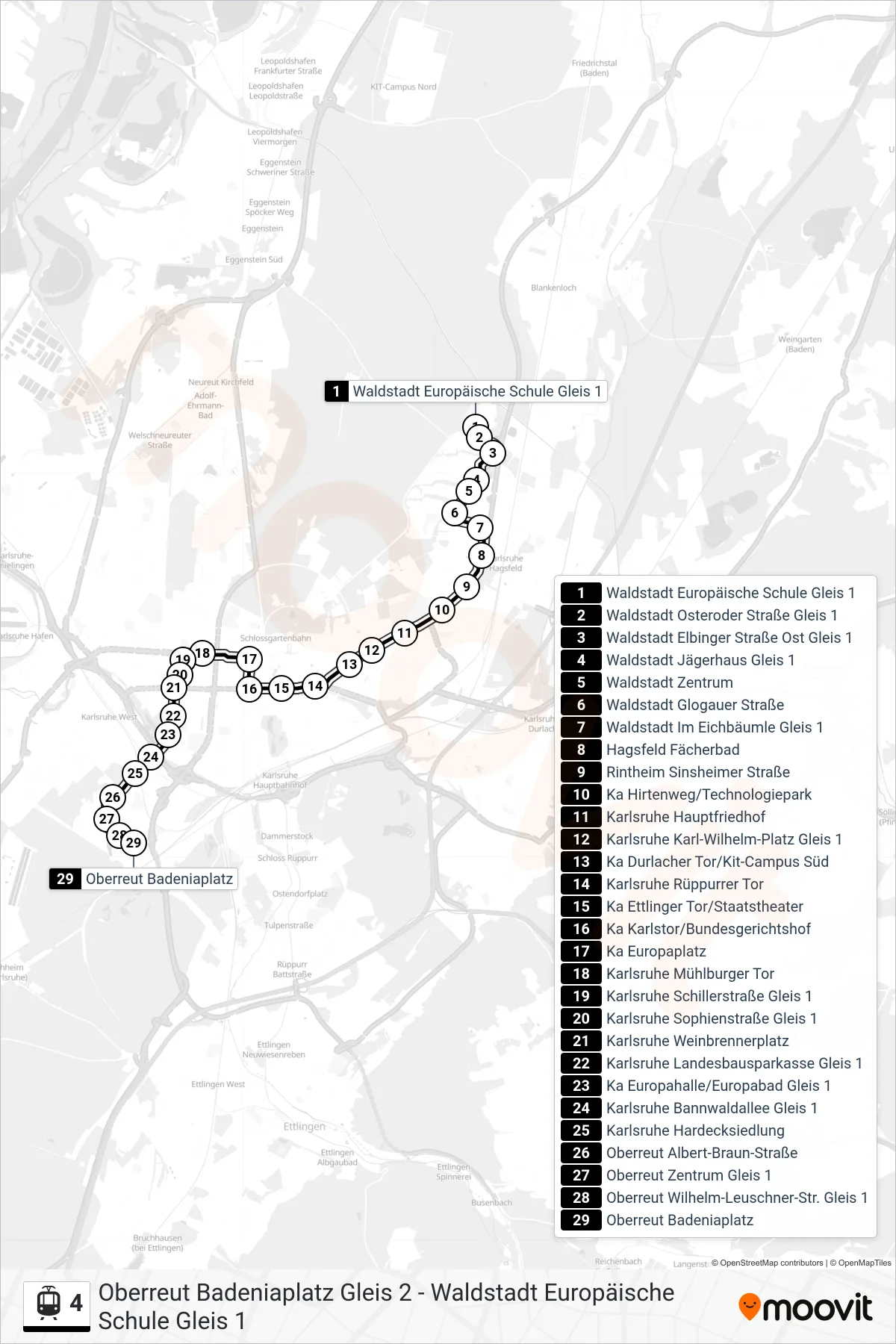 Linie 4 (Straßenbahn) Richtung Oberreut Badeniaplatz: Route und Haltestellen auf der Karte