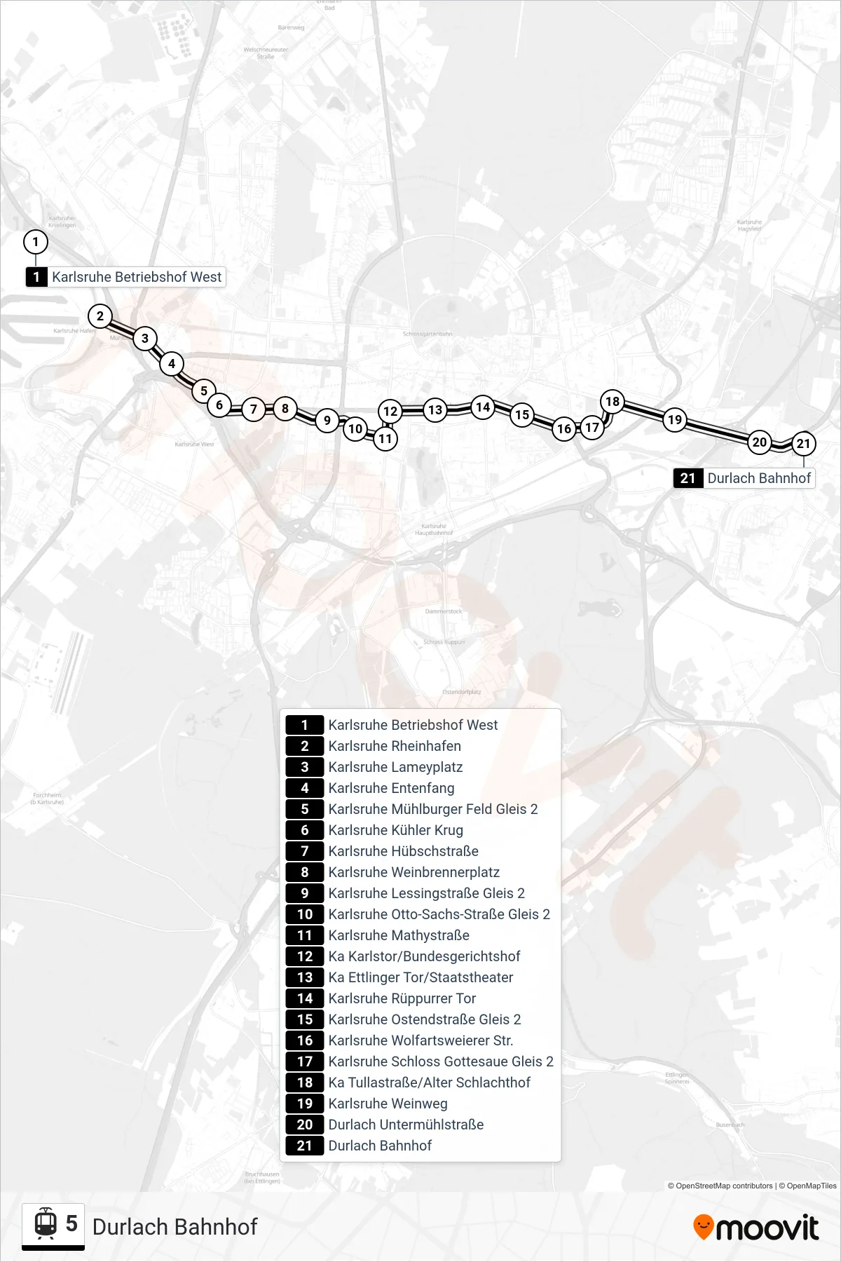 5 light rail Line (Durlach Bahnhof) route and stops on a map
