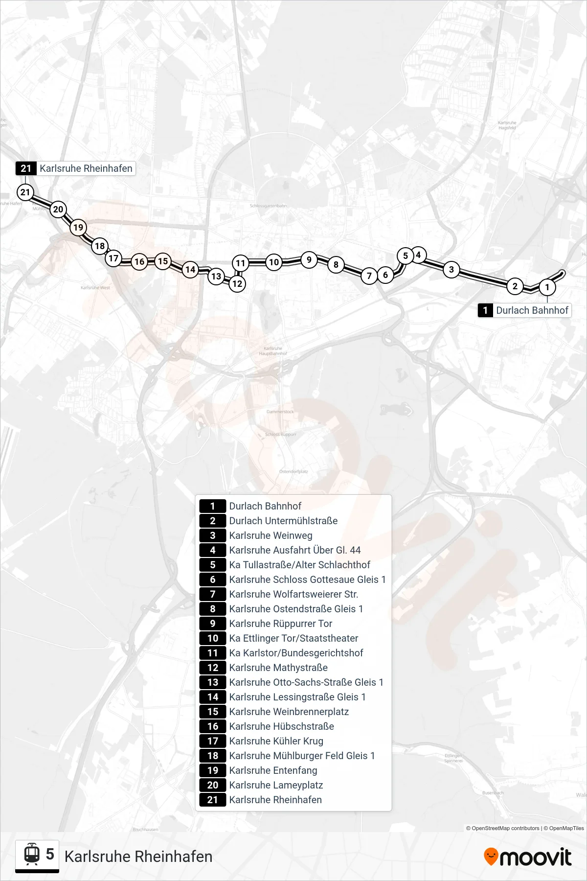 5 light rail Line (Karlsruhe Rheinhafen) route and stops on a map