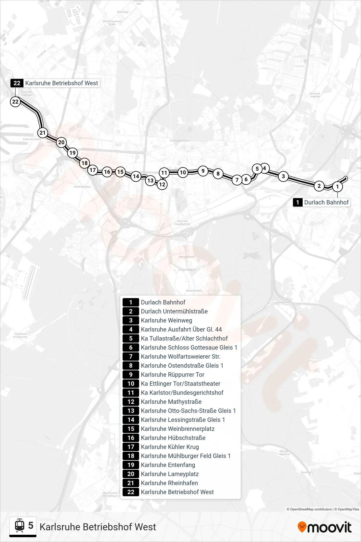 5 tram Line (Karlsruhe Betriebshof West) route and stops on a map