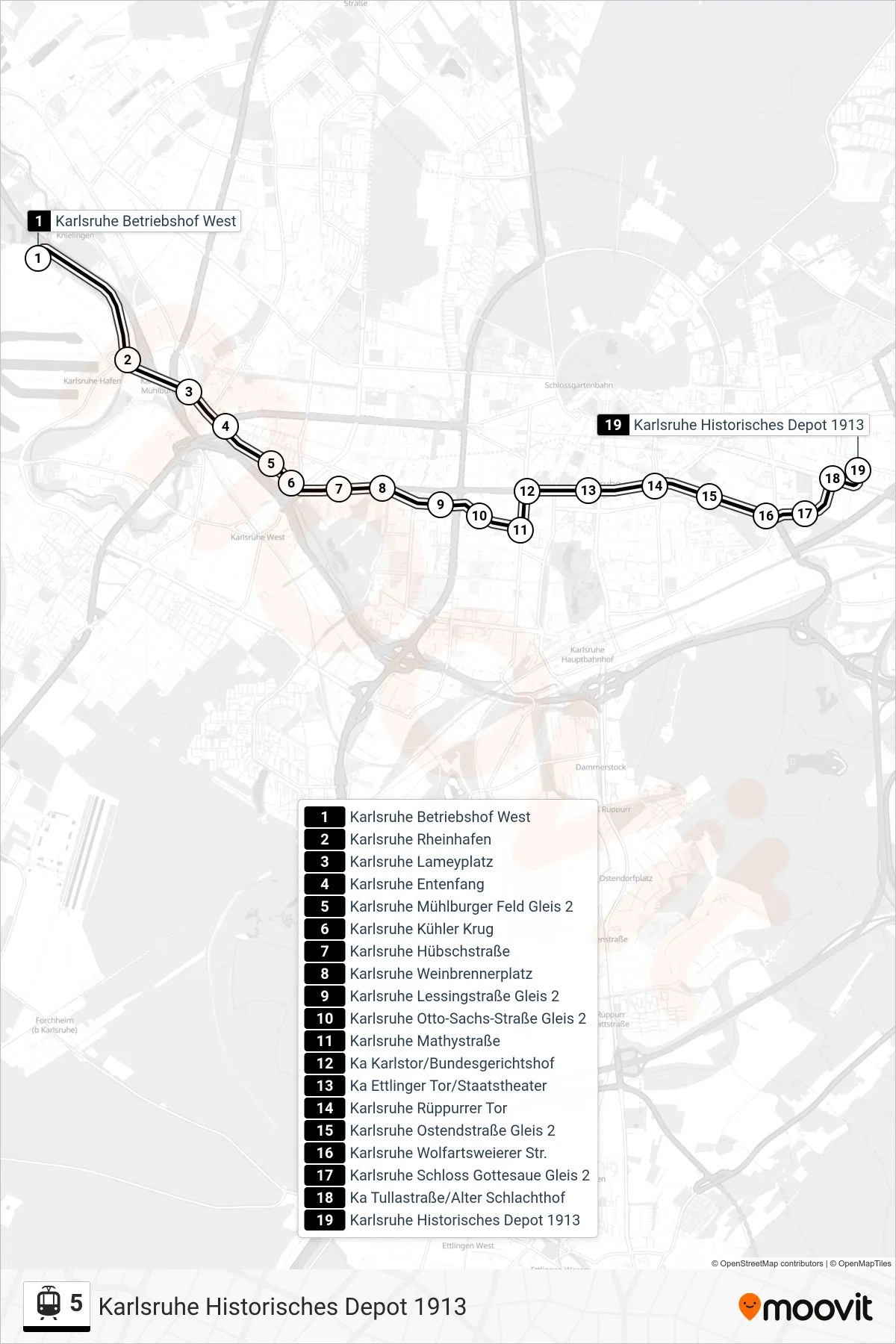 Linie 5 (Straßenbahn) Richtung Karlsruhe Historisches Depot 1913: Route und Haltestellen auf der Karte