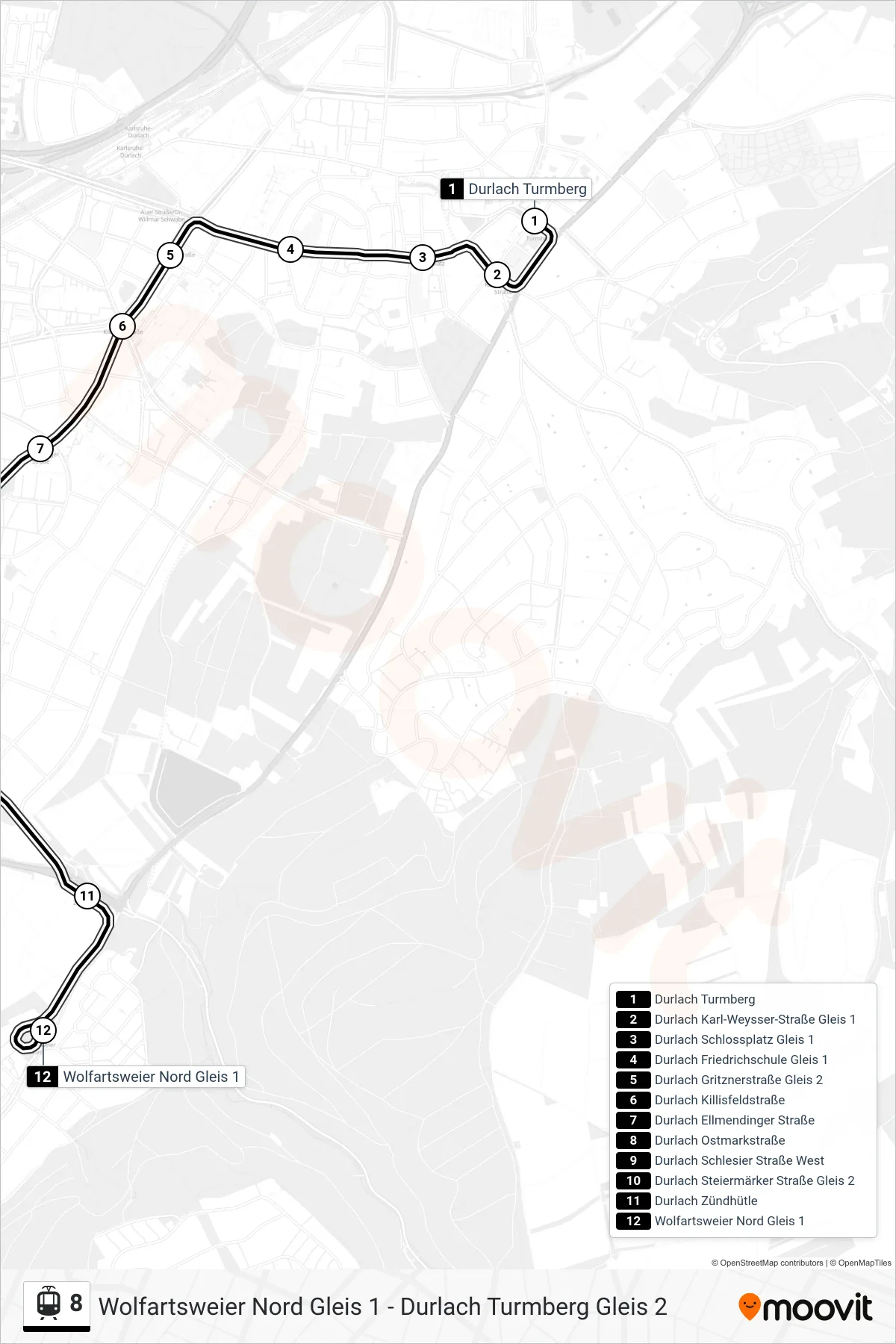 8 light rail Line (Wolfartsweier Nord) route and stops on a map