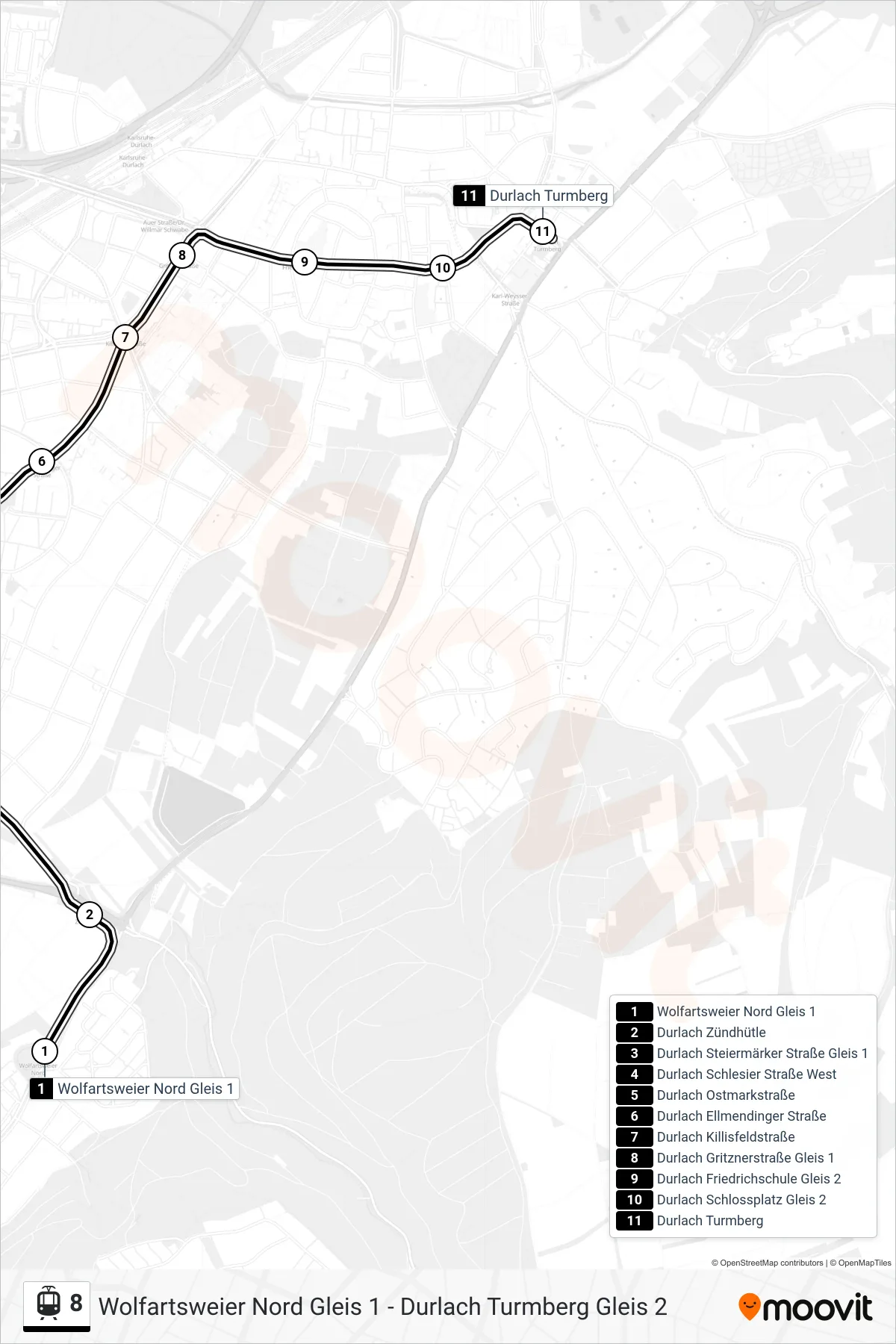 Linie 8 (Straßenbahn) Richtung Durlach Turmberg: Route und Haltestellen auf der Karte
