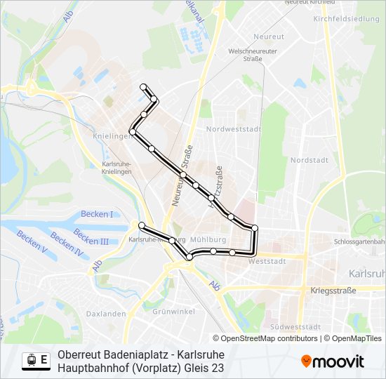 Трамвай E: карта маршрута