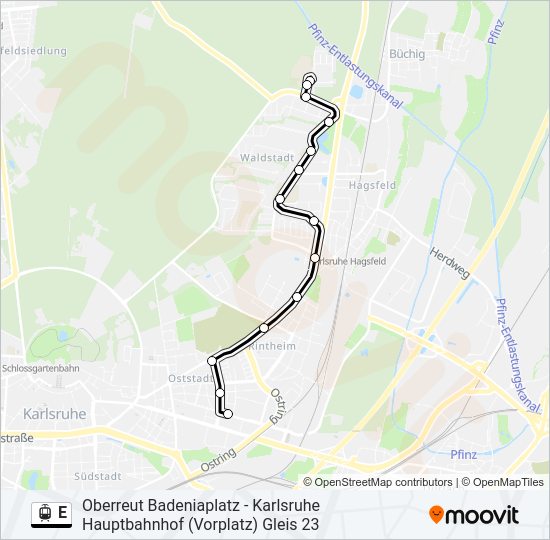 Трамвай E: карта маршрута
