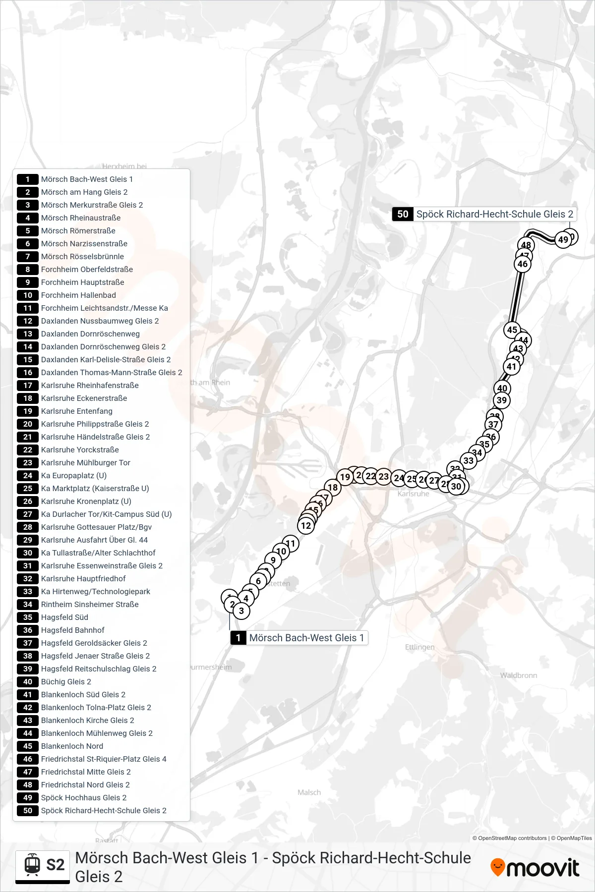 S2 light rail Line (Spöck Richard-Hecht-Schule) route and stops on a map