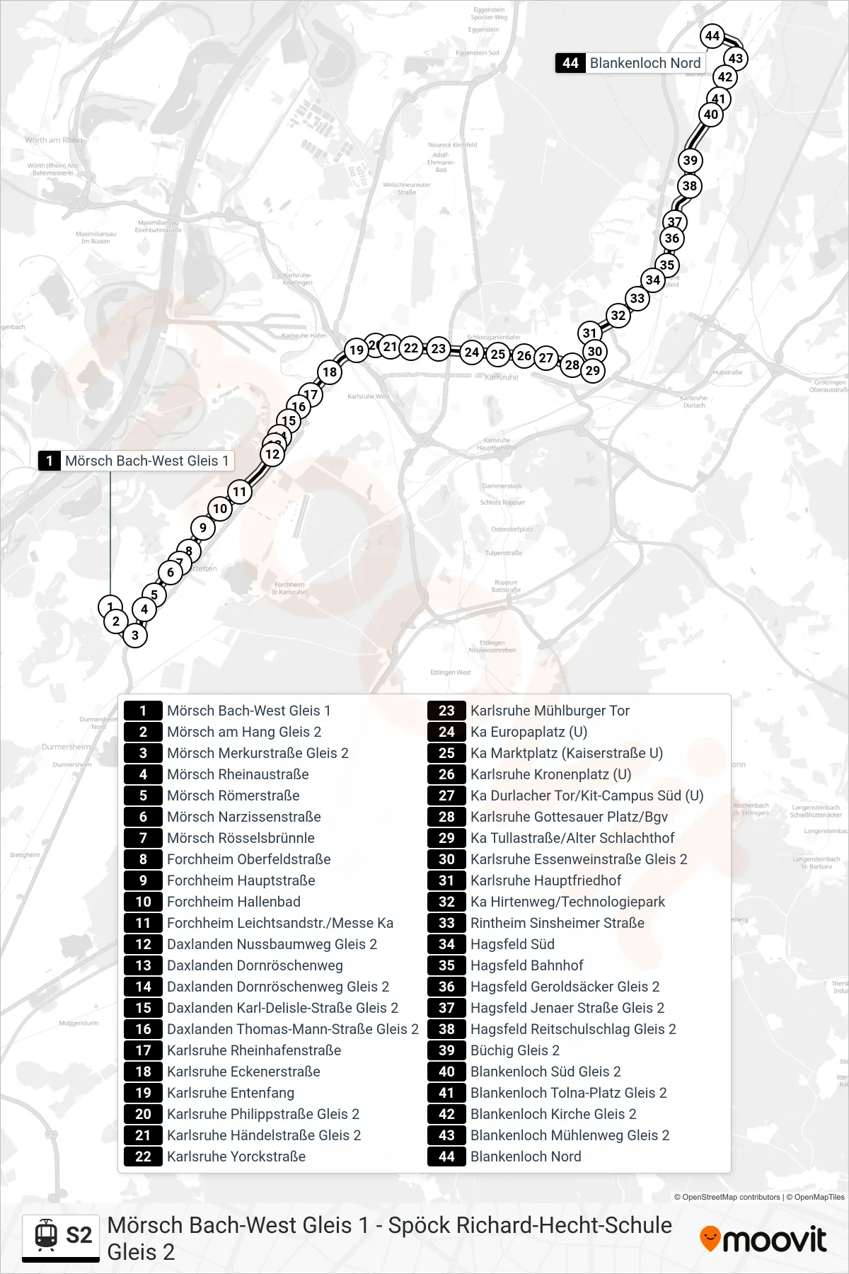 S2 light rail Line (Blankenloch Nord) route and stops on a map