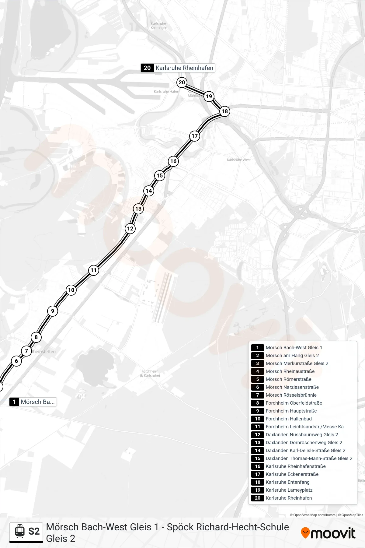 S2 light rail Line (Karlsruhe Rheinhafen) route and stops on a map