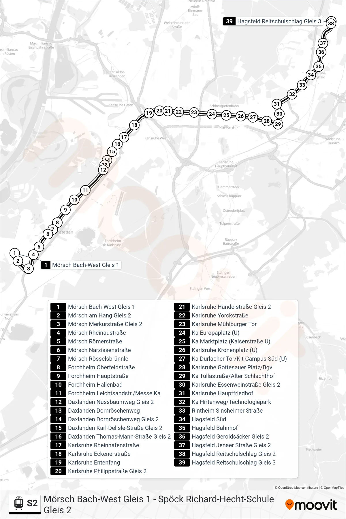 Linie S2 (Straßenbahn) Richtung Hagsfeld Reitschulschlag: Route und Haltestellen auf der Karte