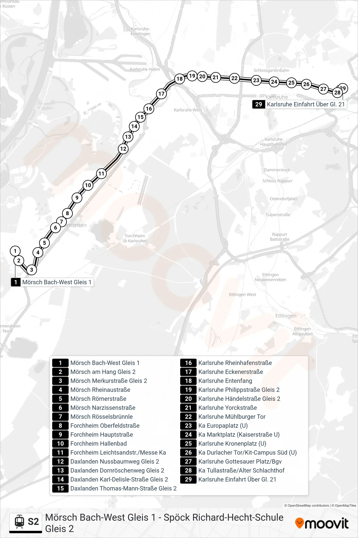 S2 light rail Line (Karlsruhe Einfahrt Über Gl. 21) route and stops on a map