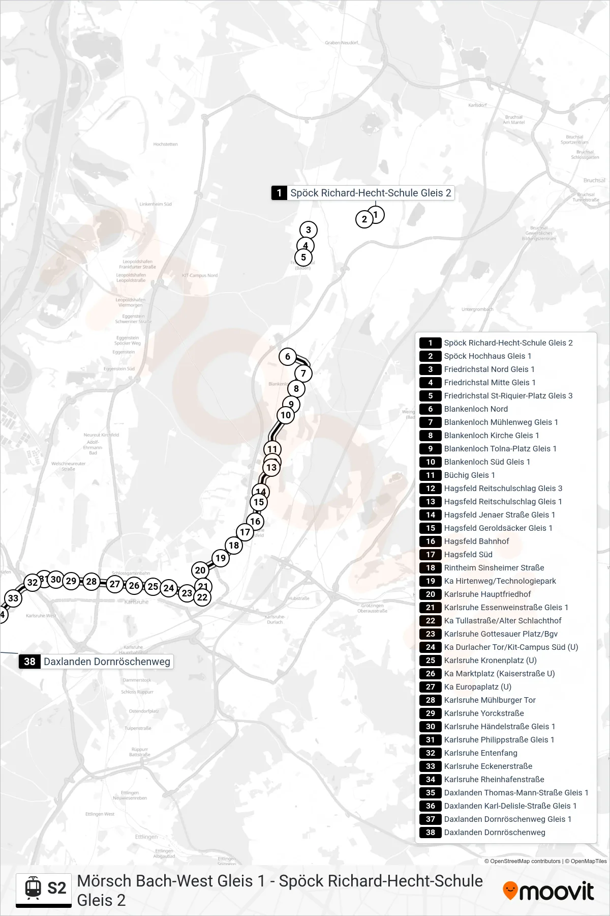 S2 tram Line (Daxlanden Dornröschenweg) route and stops on a map