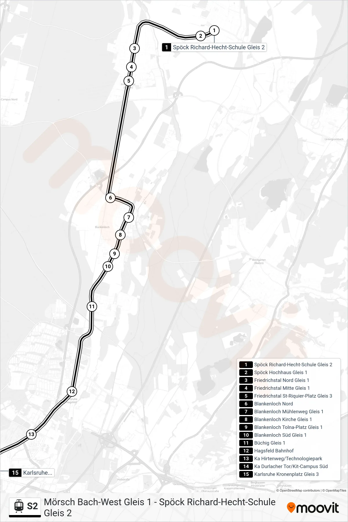 S2 light rail Line (Karlsruhe Kronenplatz) route and stops on a map