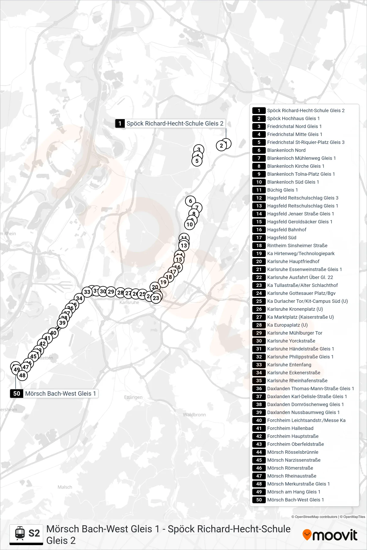 S2 light rail Line (Mörsch Bach-West) route and stops on a map