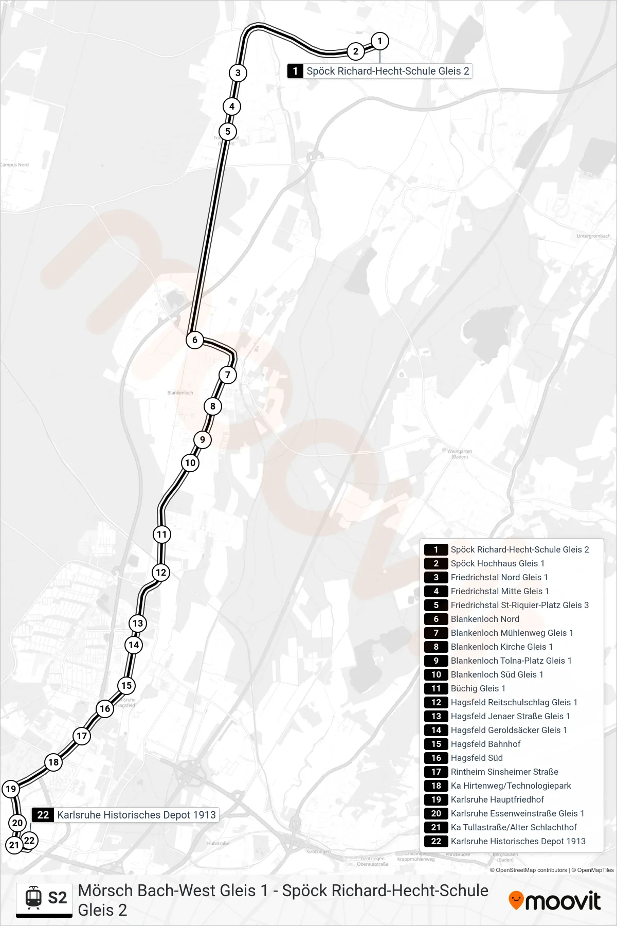 S2 light rail Line (Karlsruhe Historisches Depot 1913) route and stops on a map