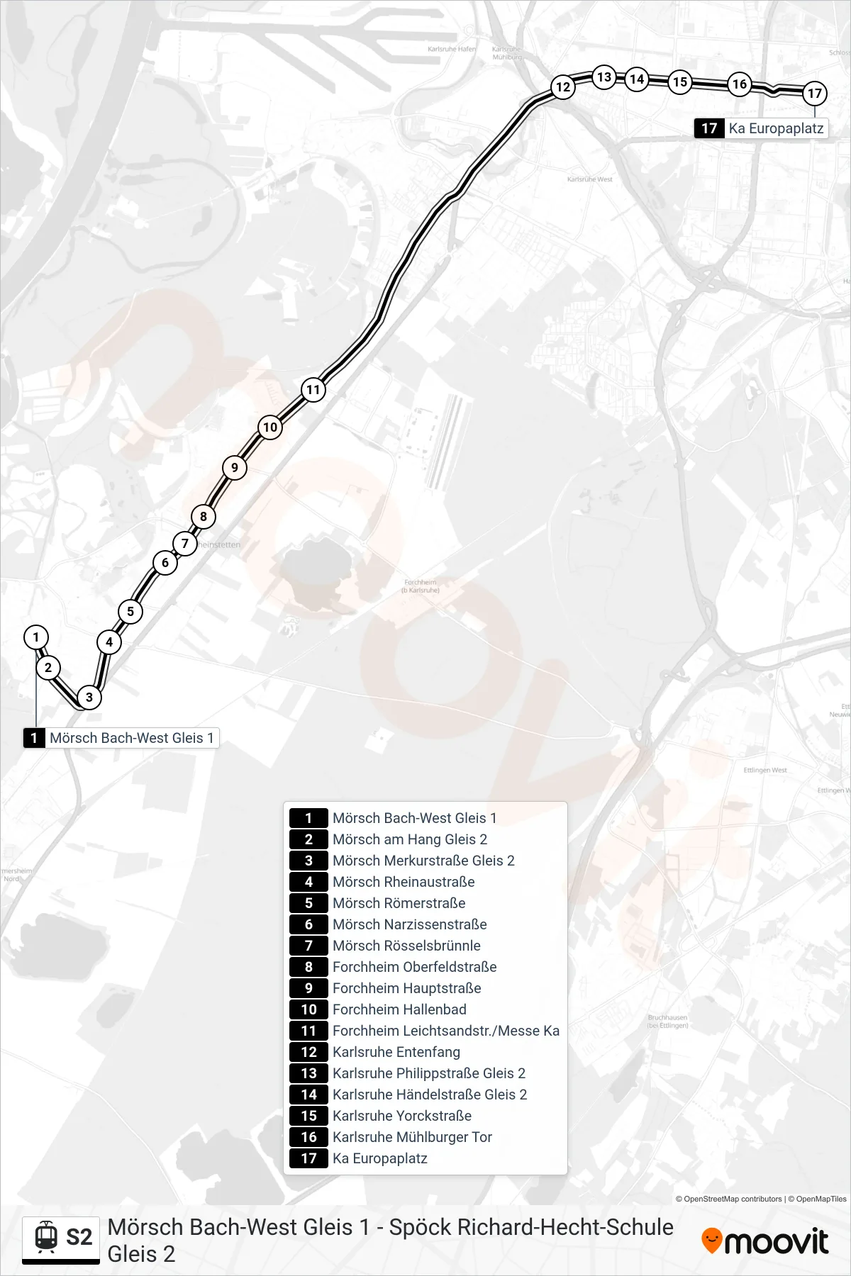 S2 light rail Line (Ka Europaplatz) route and stops on a map