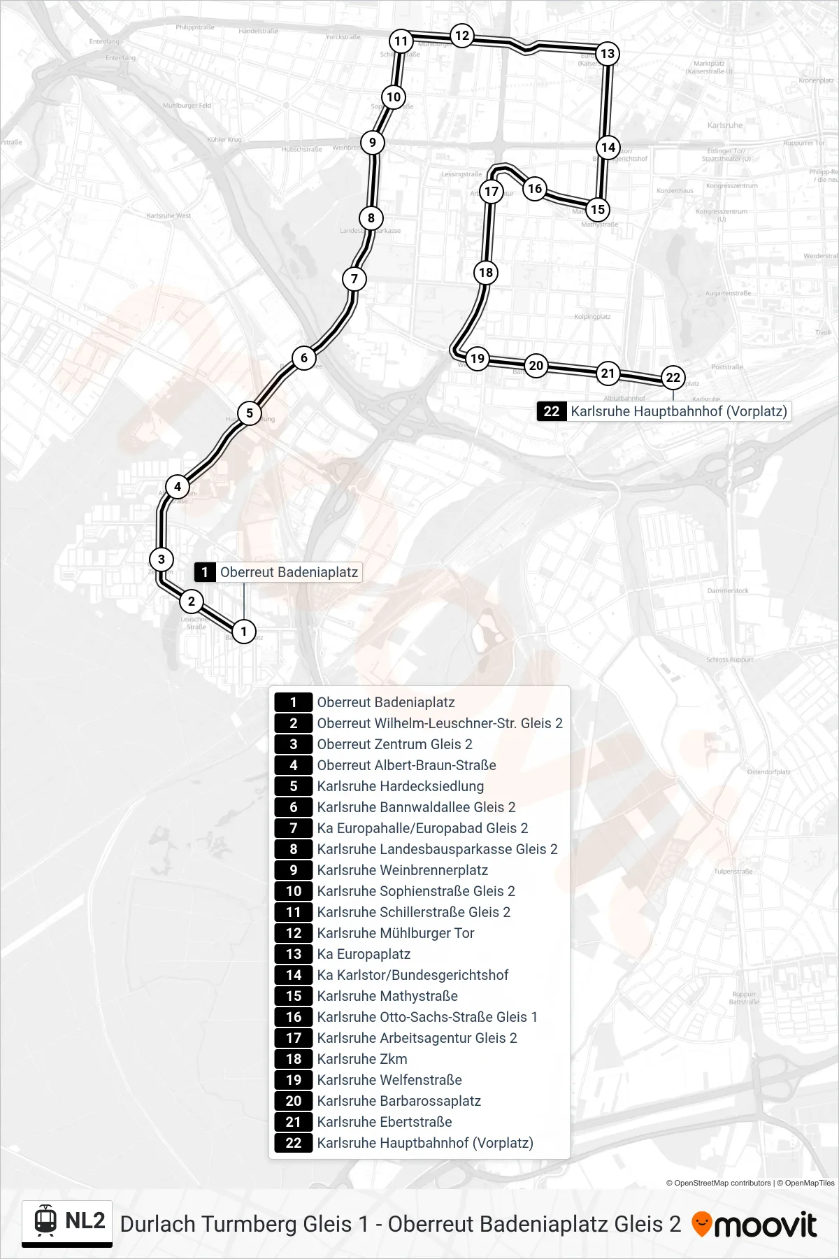 NL2 light rail Line (Karlsruhe Hauptbahnhof (Vorplatz)) route and stops on a map