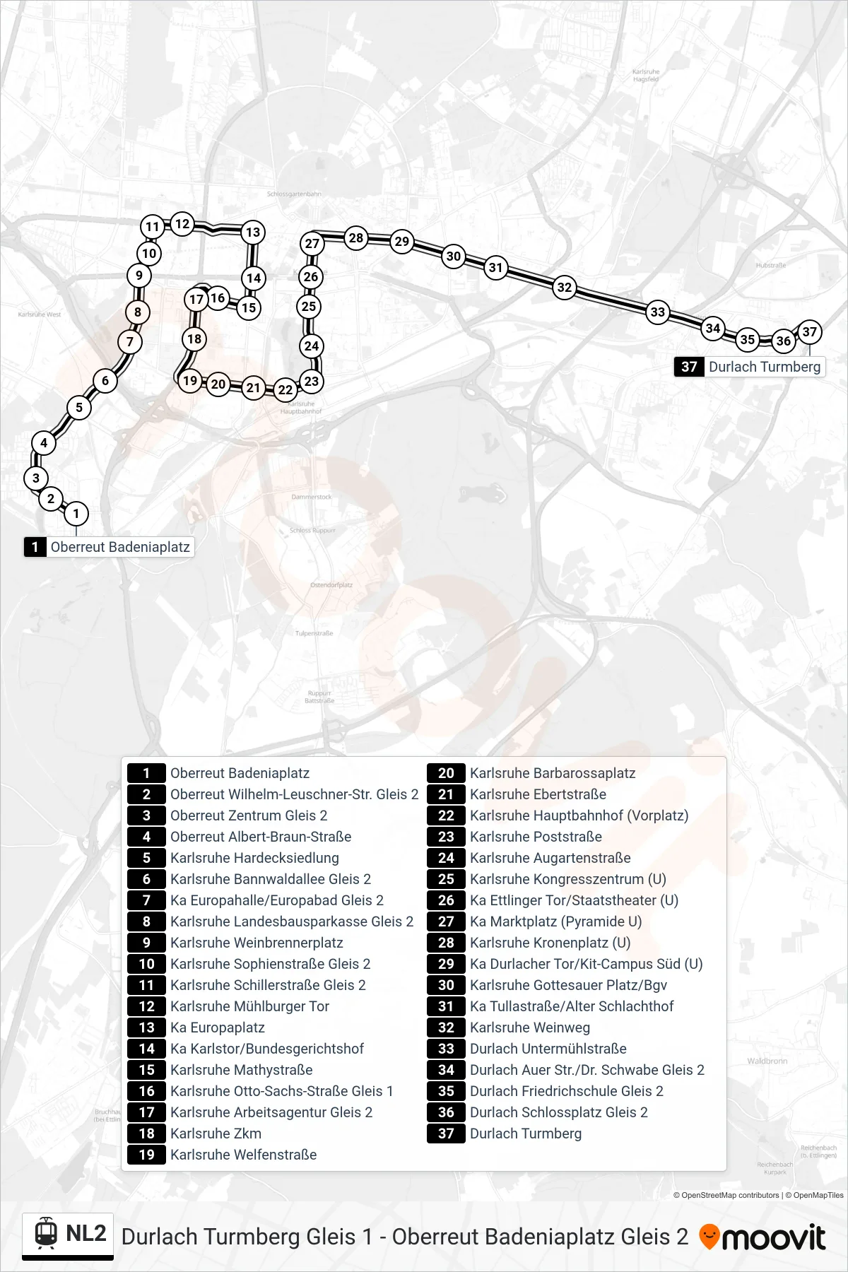 NL2 light rail Line (Durlach Turmberg) route and stops on a map