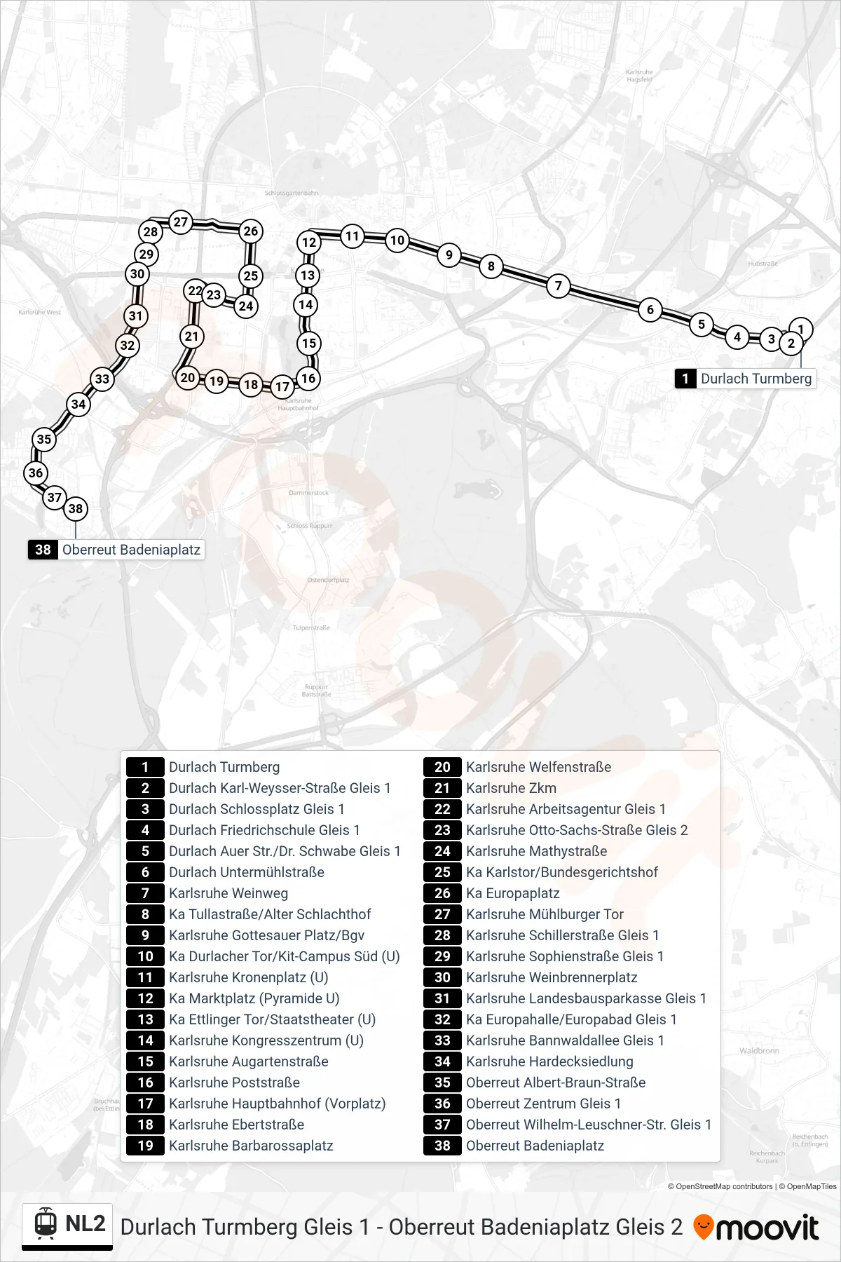 NL2 light rail Line (Oberreut Badeniaplatz) route and stops on a map