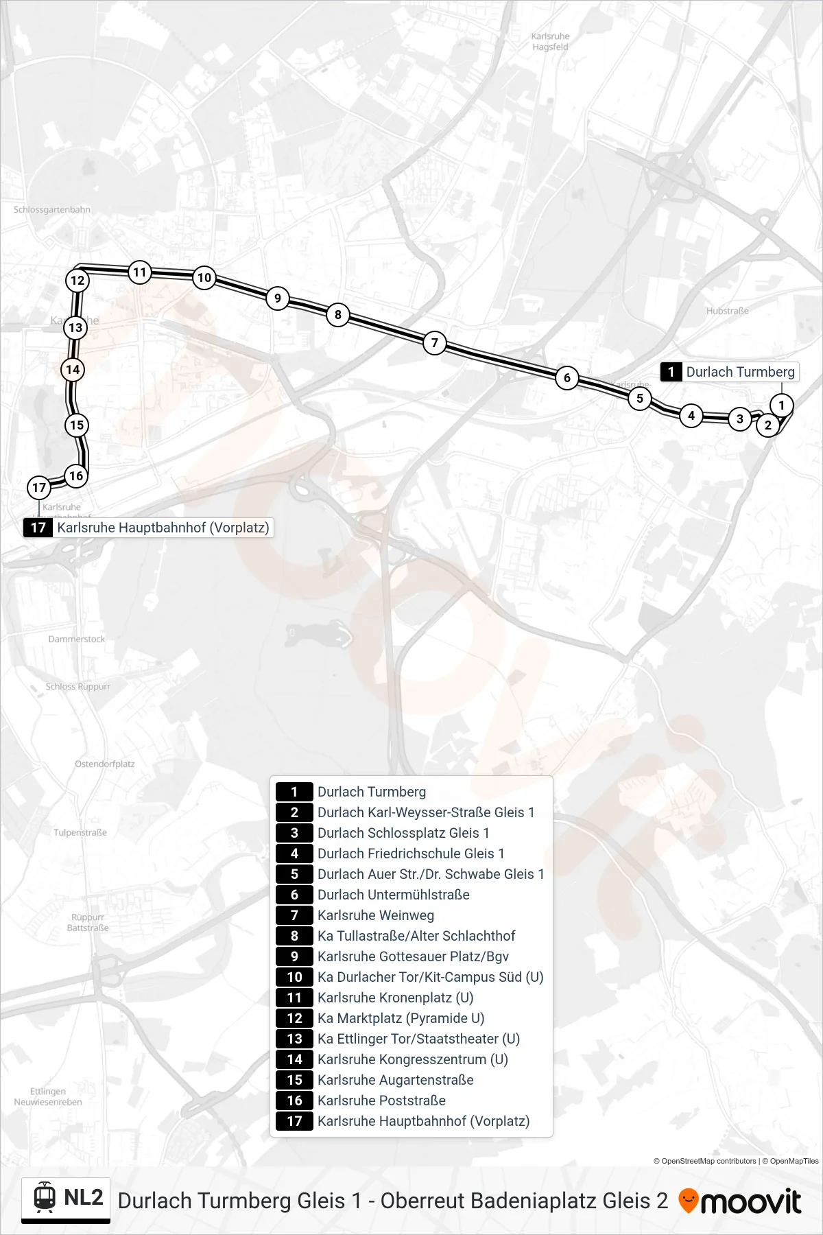 Linie NL2 (Straßenbahn) Richtung Karlsruhe Hauptbahnhof (Vorplatz): Route und Haltestellen auf der Karte