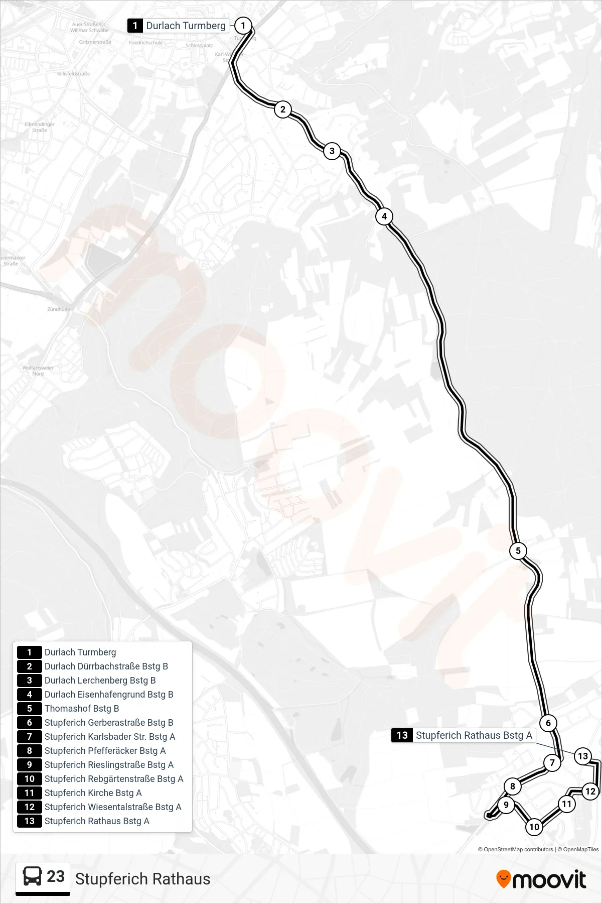 23 bus Line (Stupferich Rathaus) route and stops on a map