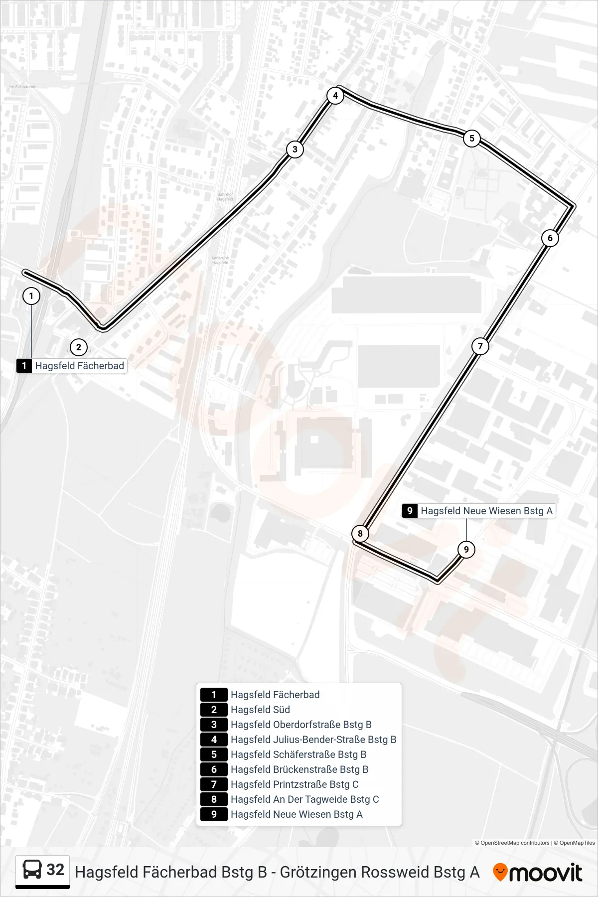 Linie 32 (Bus) Richtung Hagsfeld Neue Wiesen: Route und Haltestellen auf der Karte