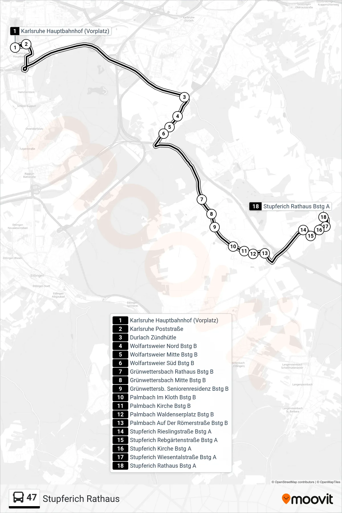 47 bus Line (Stupferich Rathaus) route and stops on a map
