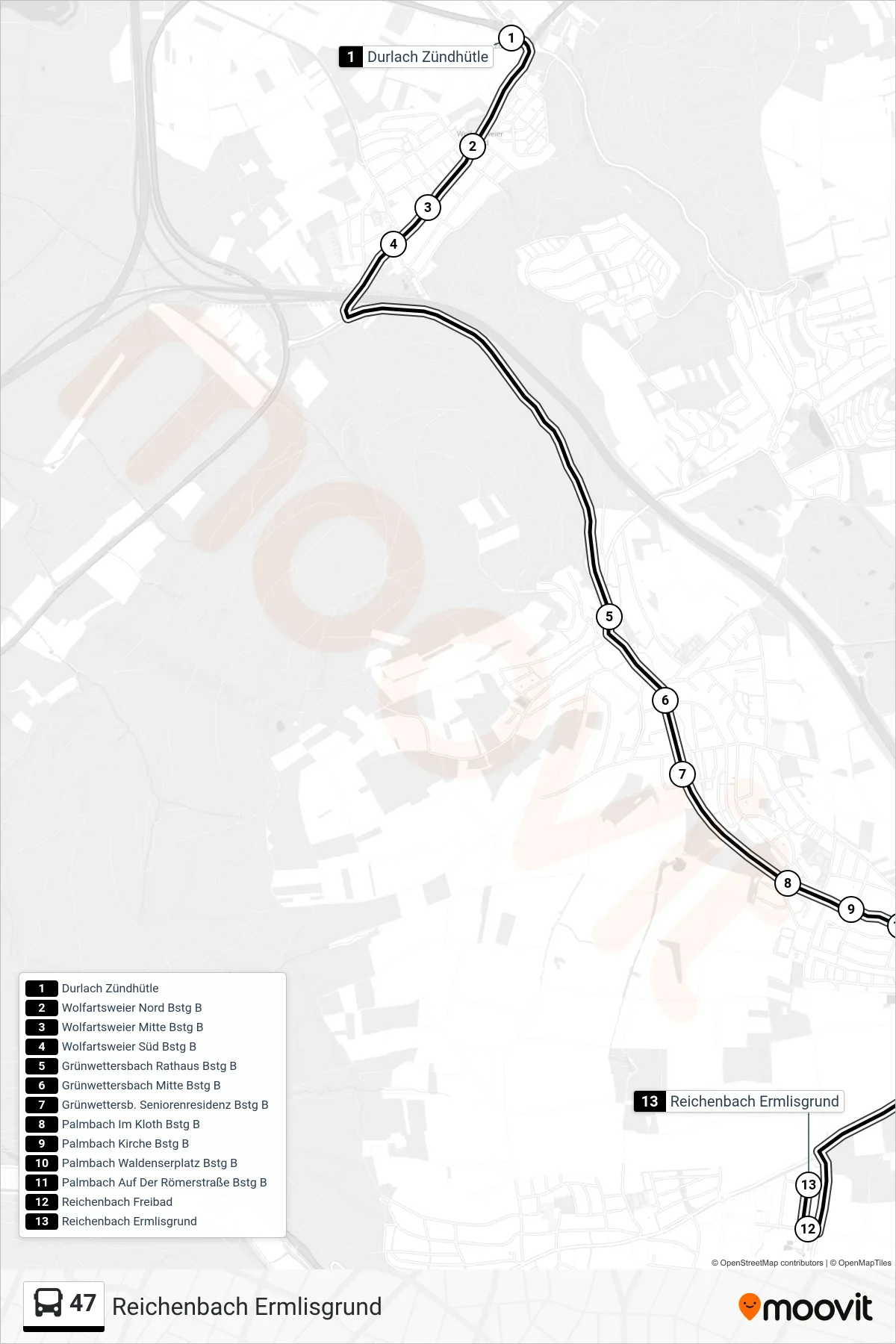 47 bus Line (Reichenbach Ermlisgrund) route and stops on a map