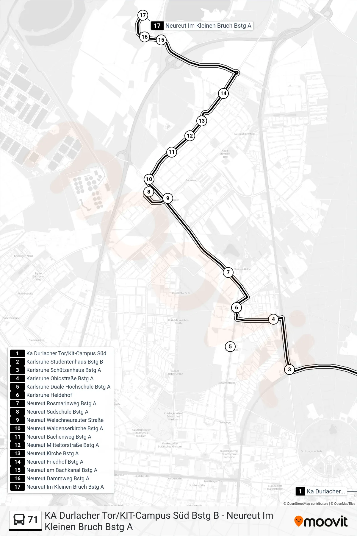 71 bus Line (Neureut Im Kleinen Bruch) route and stops on a map