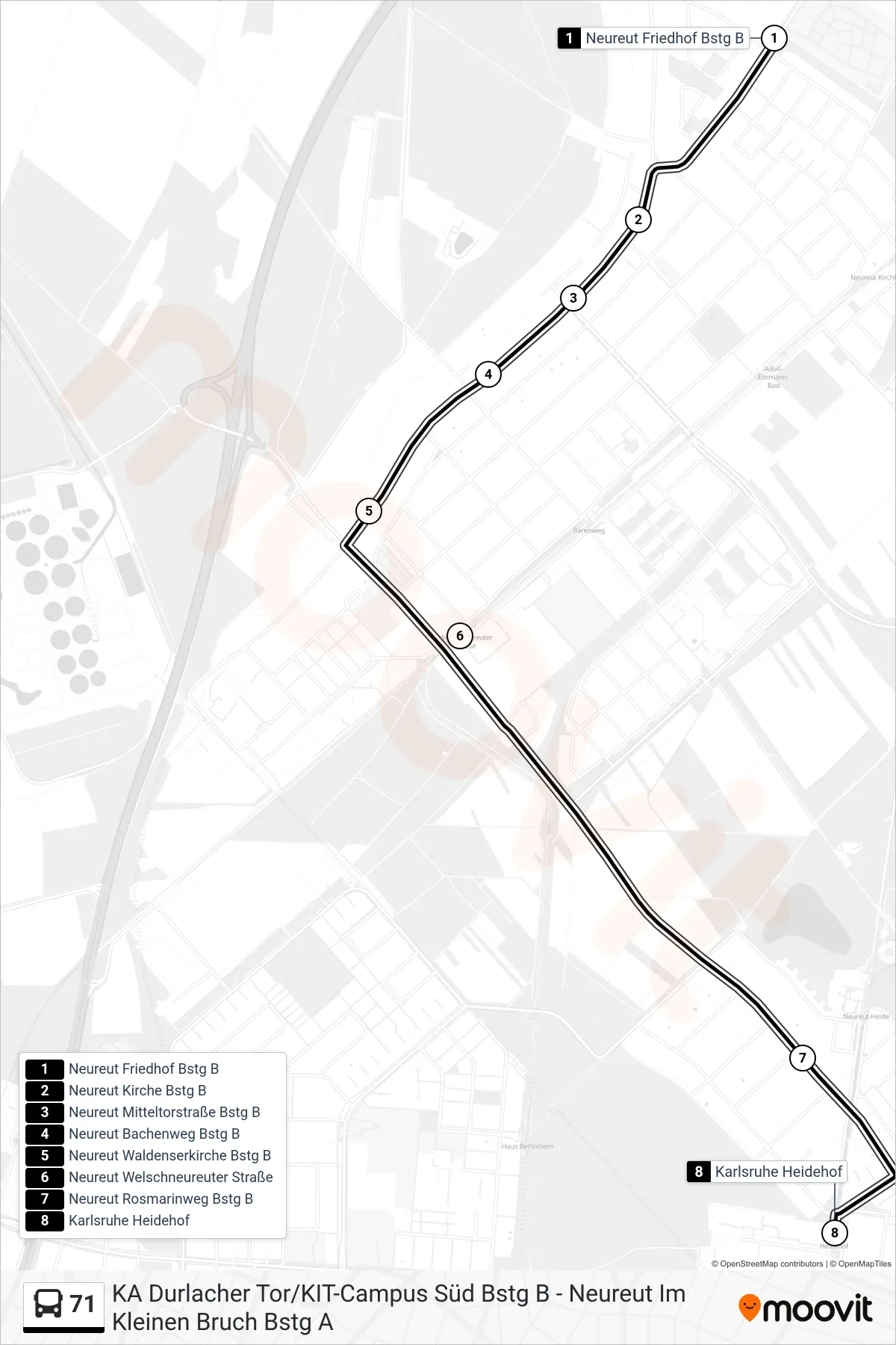 Linie 71 (Bus) Richtung Karlsruhe Heidehof: Route und Haltestellen auf der Karte